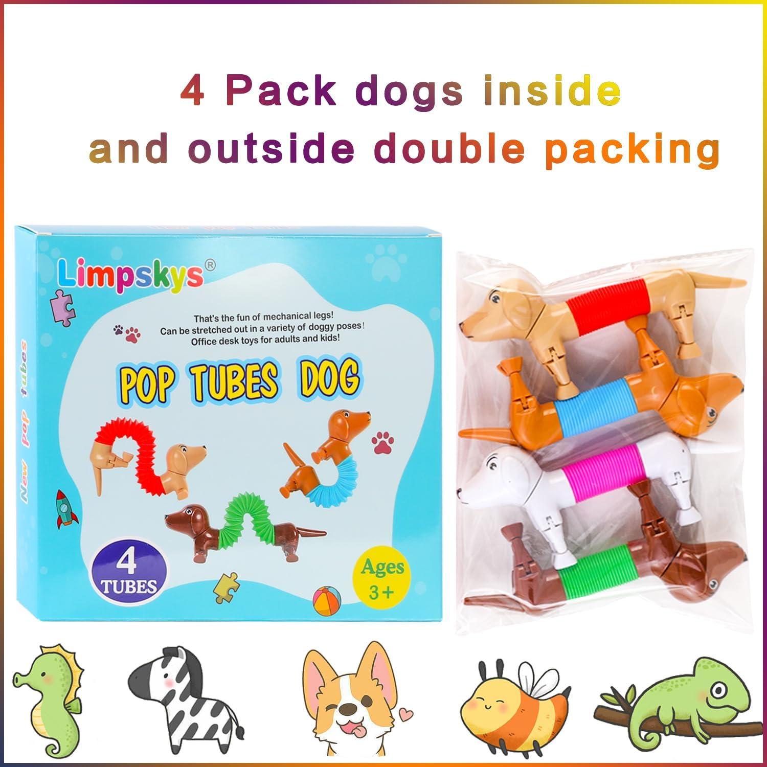 Limpskys Dog pop Tubes fidgets, Travel Toys for Toddlers 3-5, Sensory Toys for Kids 5-7, fidgets for Kids, Animal pop Tubes, Easter Egg fillers,Easter Basket Stuffers（4 Pack Dog）
