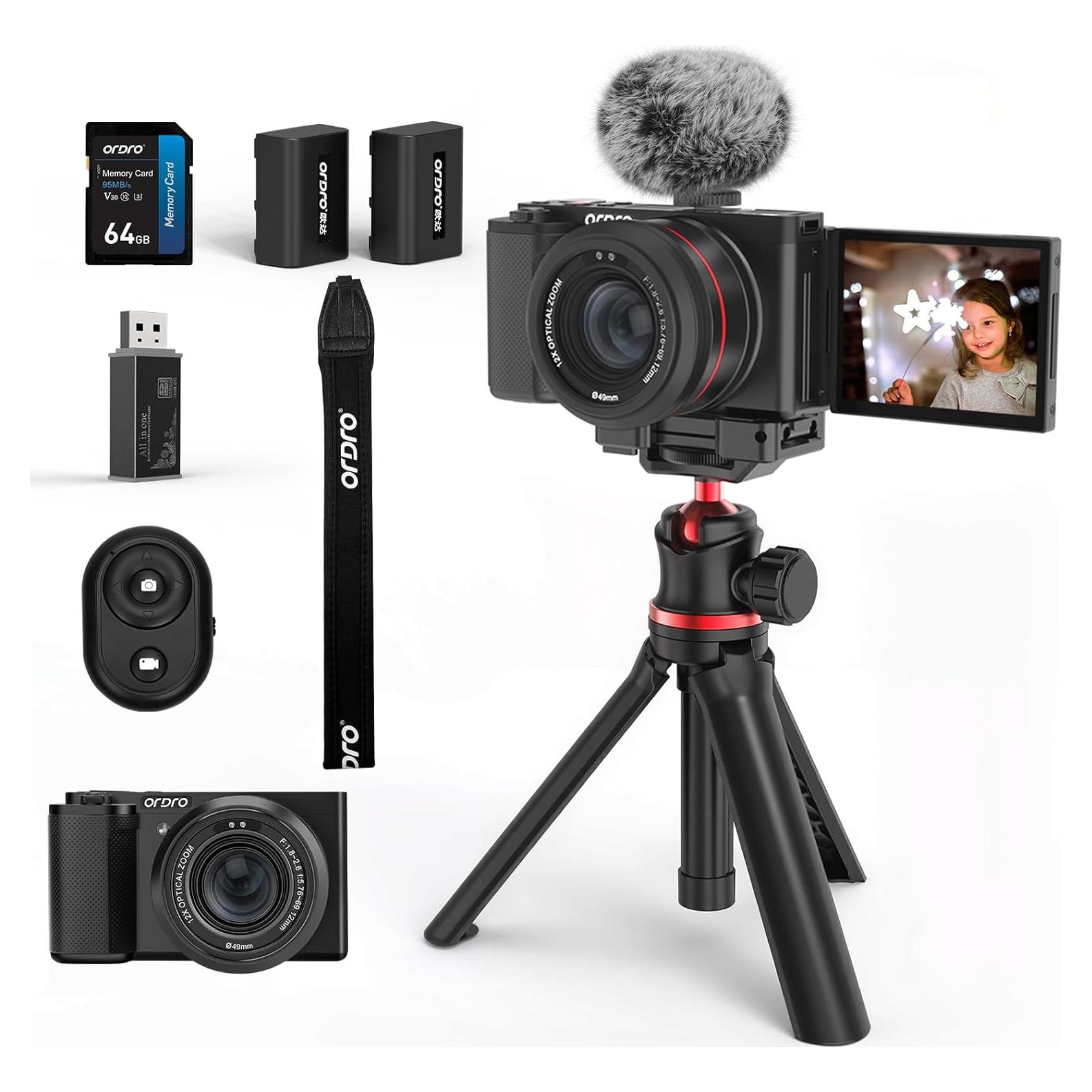 ORDRO 5K Digital Cameras for Photography - 64MP 12X Optical Zoom Travel Content Creator Camera & YouTube Vlogging Camera with Flip Screen, Microphone & Tripod Grip, 64GB Memory Card