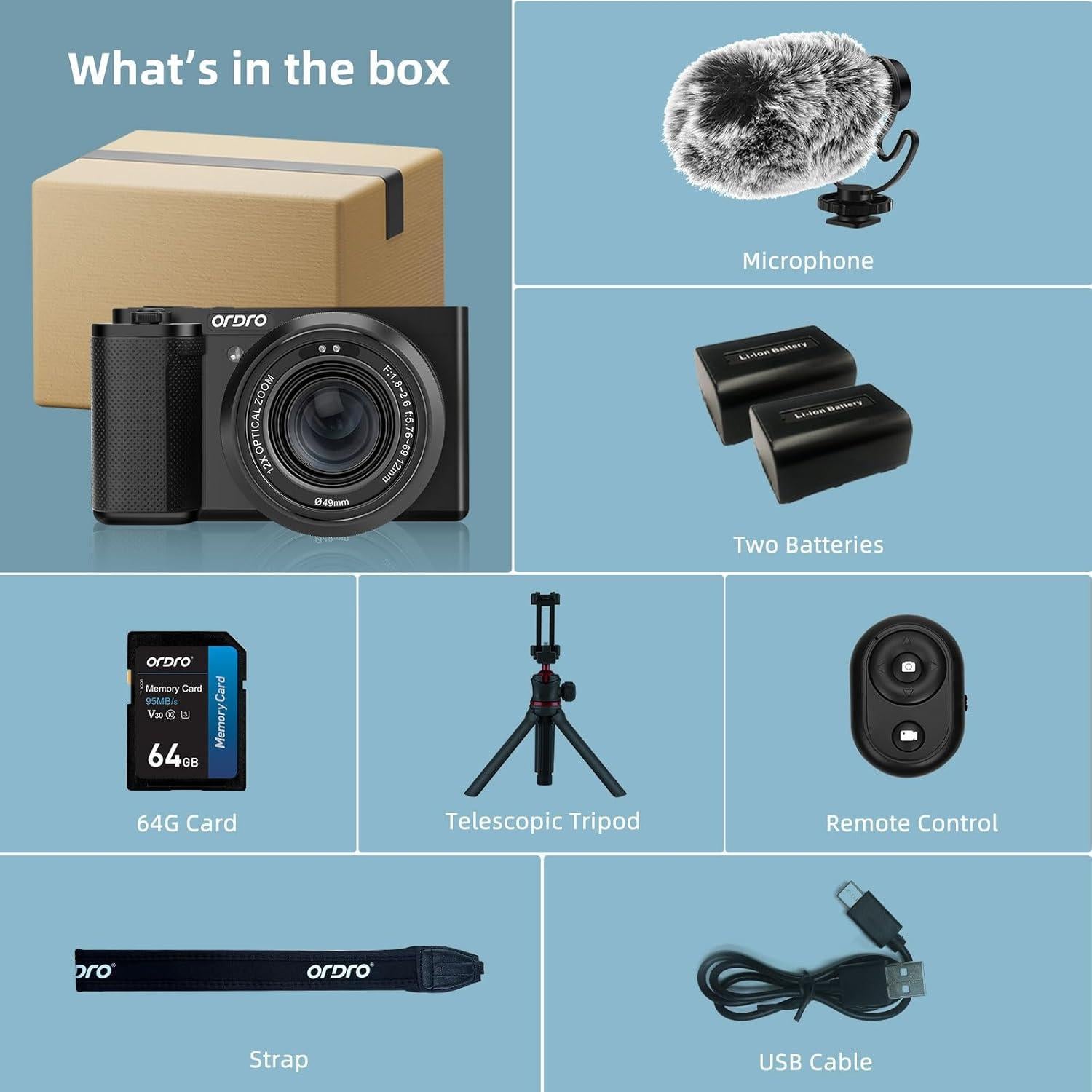 ORDRO 5K Digital Cameras for Photography - 64MP 12X Optical Zoom Travel Content Creator Camera & YouTube Vlogging Camera with Flip Screen, Microphone & Tripod Grip, 64GB Memory Card