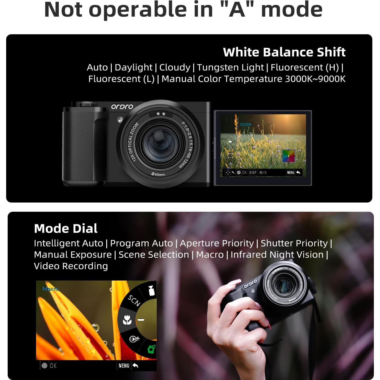 ORDRO 5K Digital Cameras for Photography - 64MP 12X Optical Zoom Travel Content Creator Camera & YouTube Vlogging Camera with Flip Screen, Microphone & Tripod Grip, 64GB Memory Card