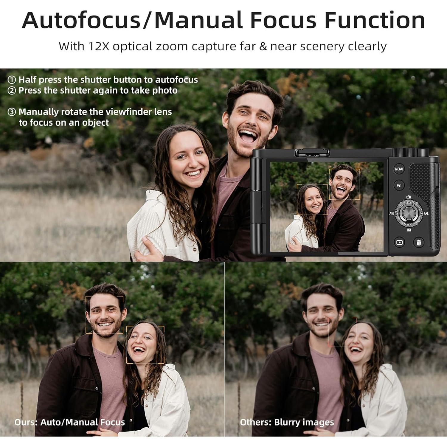 ORDRO 5K Digital Cameras for Photography - 64MP 12X Optical Zoom Travel Content Creator Camera & YouTube Vlogging Camera with Flip Screen, Microphone & Tripod Grip, 64GB Memory Card