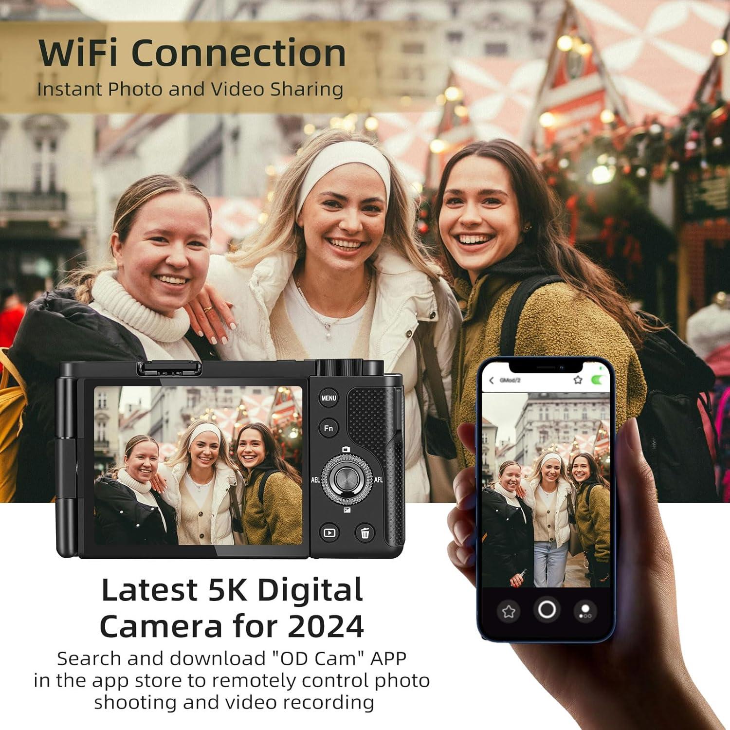 ORDRO 5K Digital Cameras for Photography - 64MP 12X Optical Zoom Travel Content Creator Camera & YouTube Vlogging Camera with Flip Screen, Microphone & Tripod Grip, 64GB Memory Card