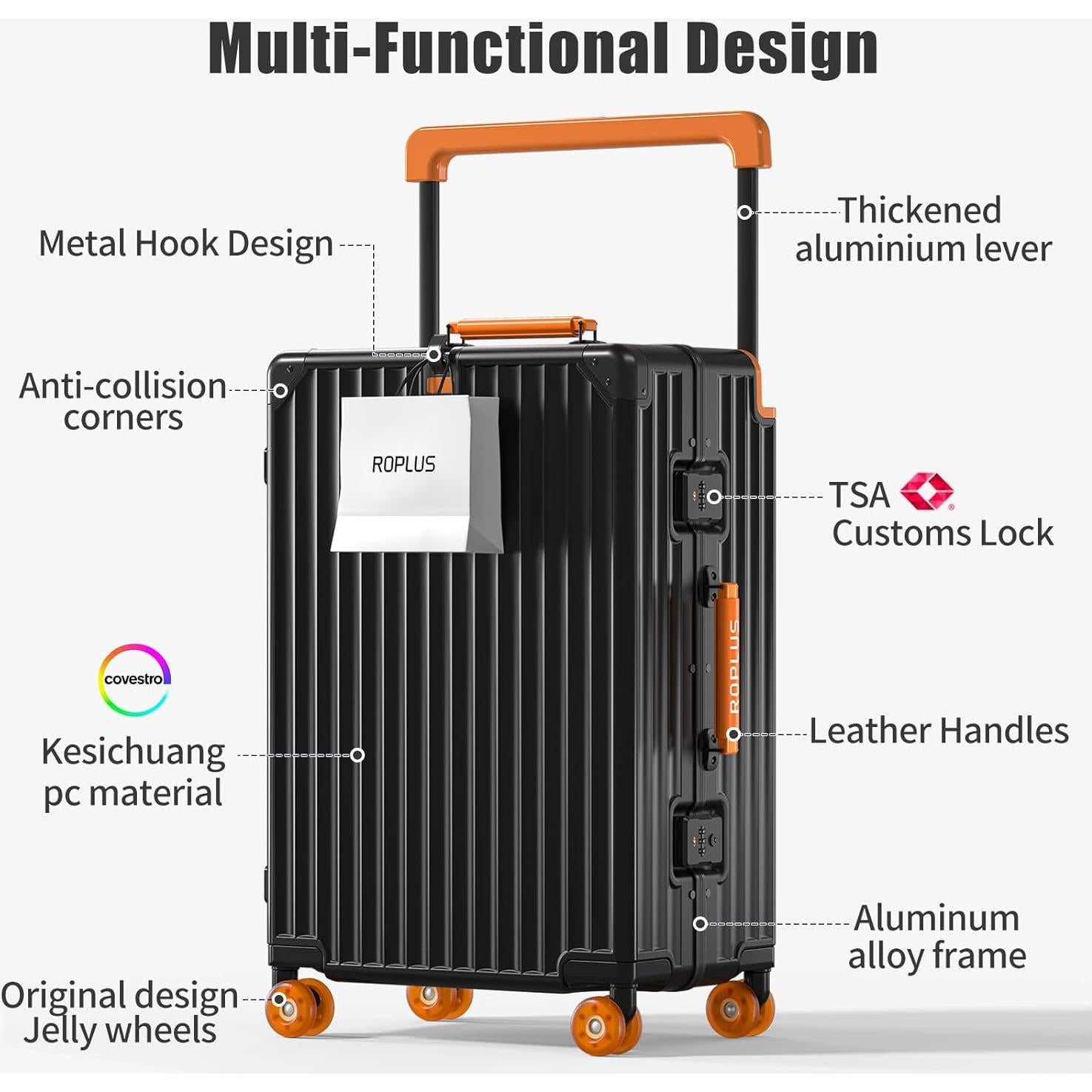 Aluminium Frame Carry on Luggage with Smooth Jelly Wheels, Hardside Zipperless Rolling Suitcase with TSA Lock (Black, 21-Inch)