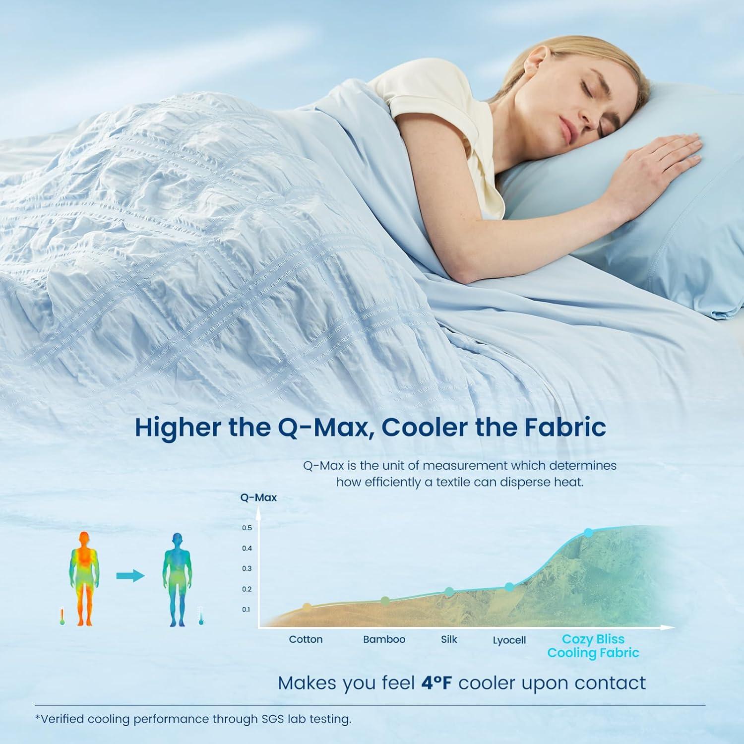 Cozy Bliss Cooling Comforter Twin Size Seersucker Plaid, Q-Max 0.4 Reversible Lightweight Cooling Blanket, Breathable Silk Smooth Summer Bedding Quilt for Hot Sleepers Night Sweats Blue