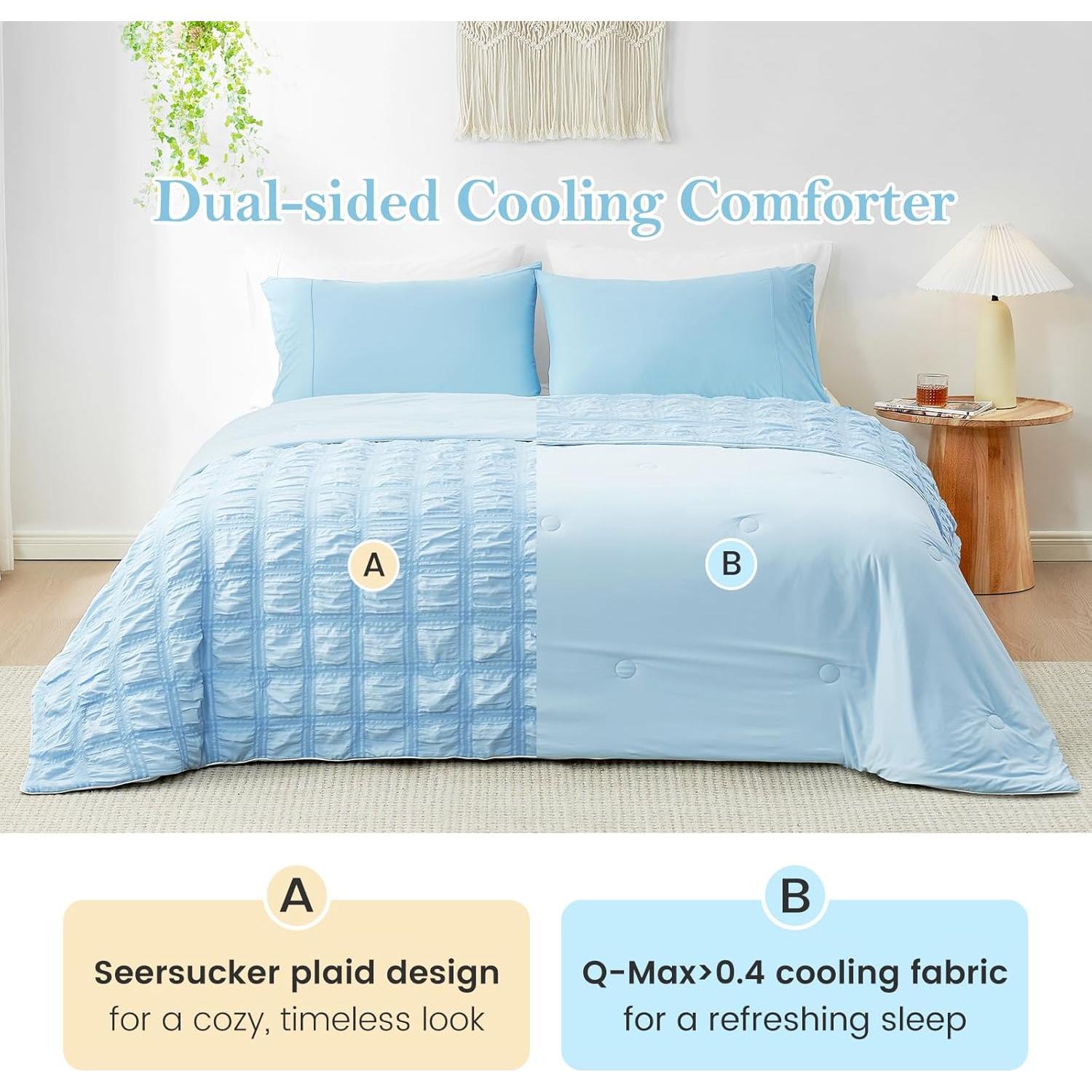 Cozy Bliss Cooling Comforter Twin Size Seersucker Plaid, Q-Max 0.4 Reversible Lightweight Cooling Blanket, Breathable Silk Smooth Summer Bedding Quilt for Hot Sleepers Night Sweats Blue