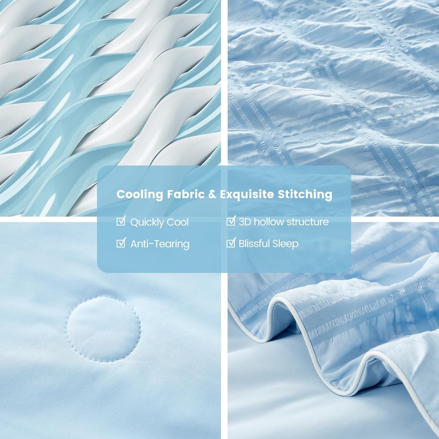 Cozy Bliss Cooling Comforter Twin Size Seersucker Plaid, Q-Max 0.4 Reversible Lightweight Cooling Blanket, Breathable Silk Smooth Summer Bedding Quilt for Hot Sleepers Night Sweats Blue