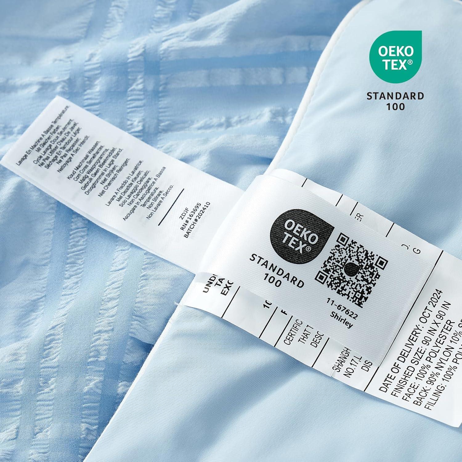 Cozy Bliss Cooling Comforter Twin Size Seersucker Plaid, Q-Max 0.4 Reversible Lightweight Cooling Blanket, Breathable Silk Smooth Summer Bedding Quilt for Hot Sleepers Night Sweats Blue