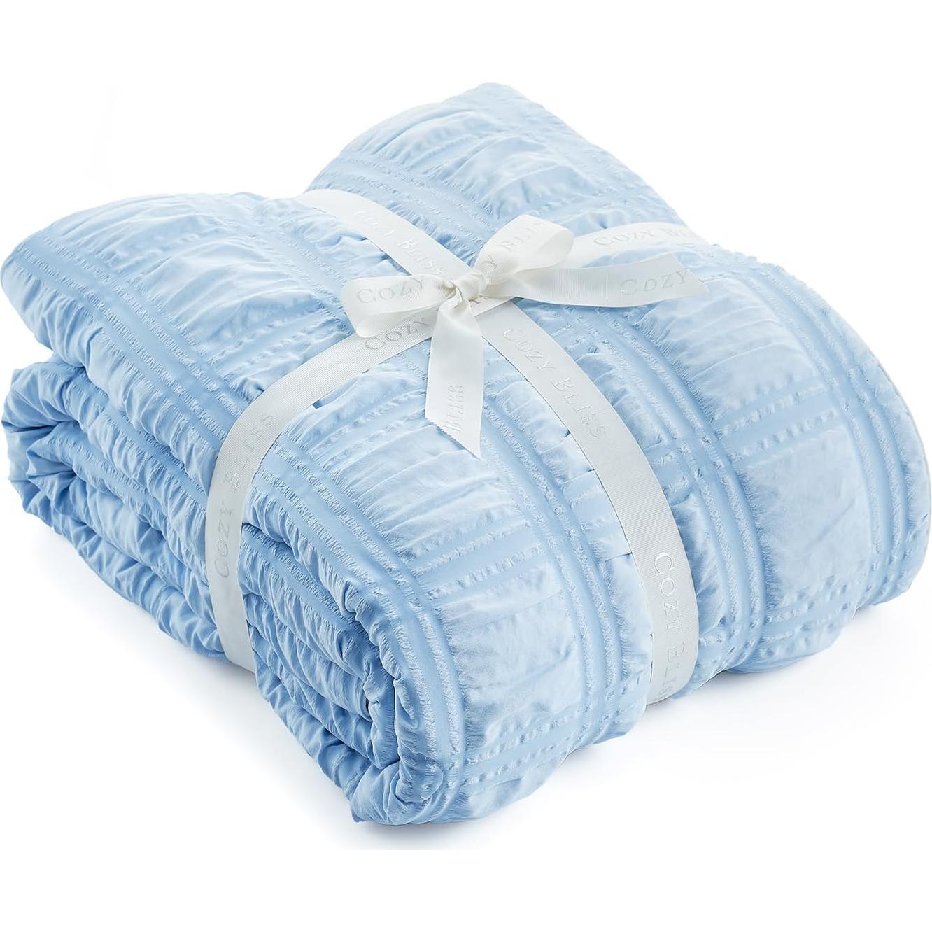 Cozy Bliss Cooling Comforter Twin Size Seersucker Plaid, Q-Max 0.4 Reversible Lightweight Cooling Blanket, Breathable Silk Smooth Summer Bedding Quilt for Hot Sleepers Night Sweats Blue