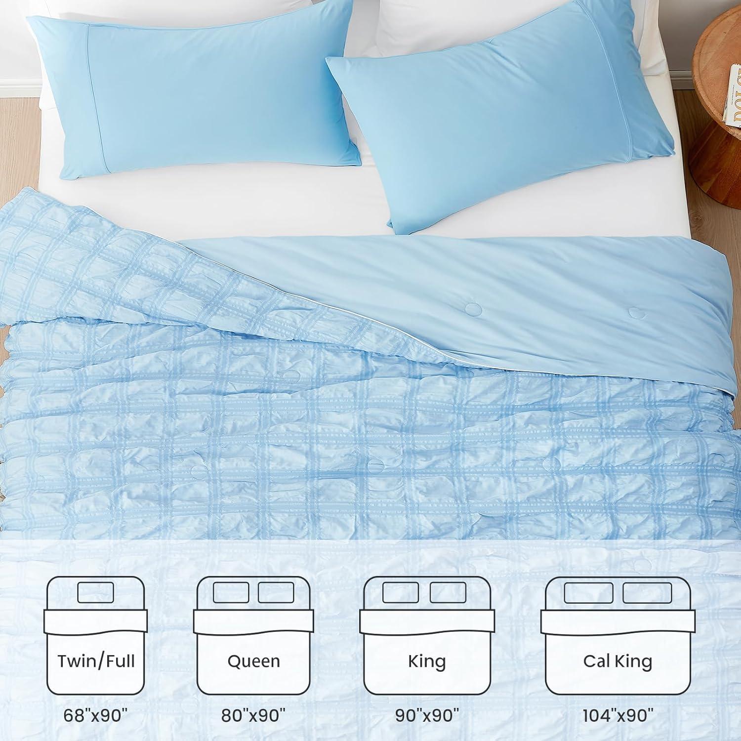 Cozy Bliss Cooling Comforter Twin Size Seersucker Plaid, Q-Max 0.4 Reversible Lightweight Cooling Blanket, Breathable Silk Smooth Summer Bedding Quilt for Hot Sleepers Night Sweats Blue