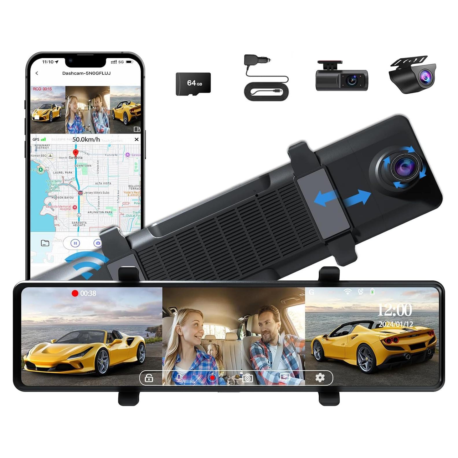 Cámara de Espejo Dash 3 Canales Aprilboy 12" 3K WiFi