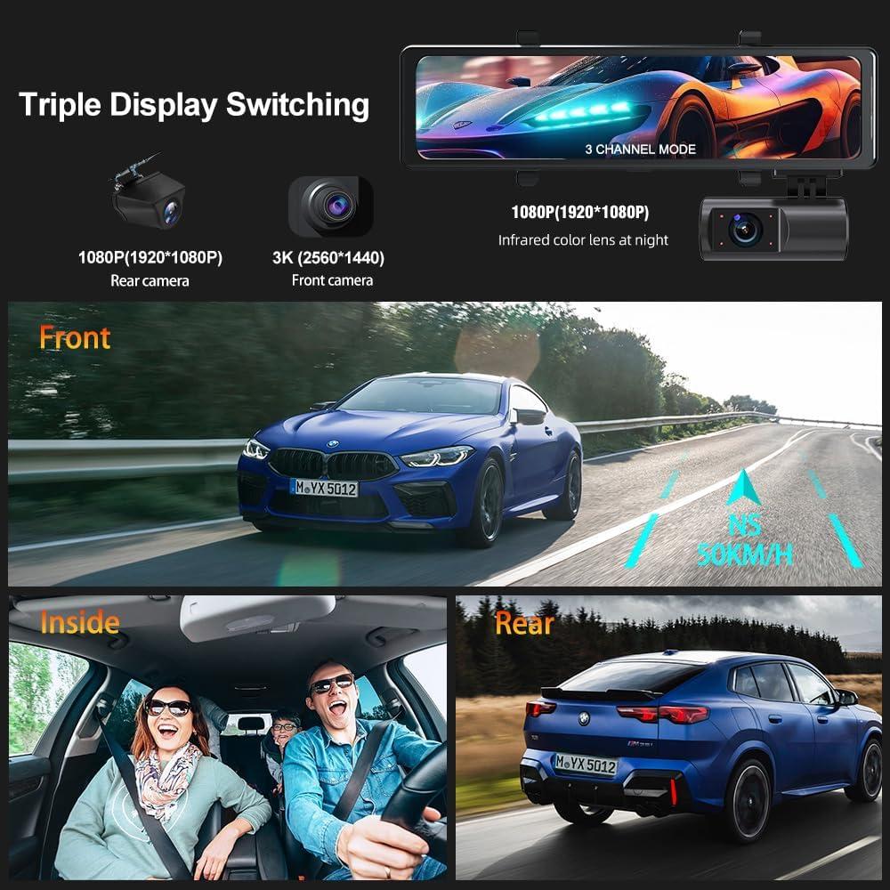 Cámara de Espejo Dash 3 Canales Aprilboy 12" 3K WiFi