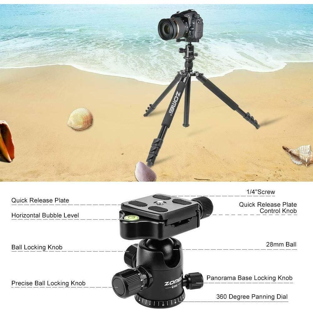 Zomei Q555 62.5'' Camera Tripod,Lightweight and Compact Aluminum Portable Travel Tripod with 360 Degree Ball Head for Vlog Nikon Canon Sony All DSLR and Digital Camera