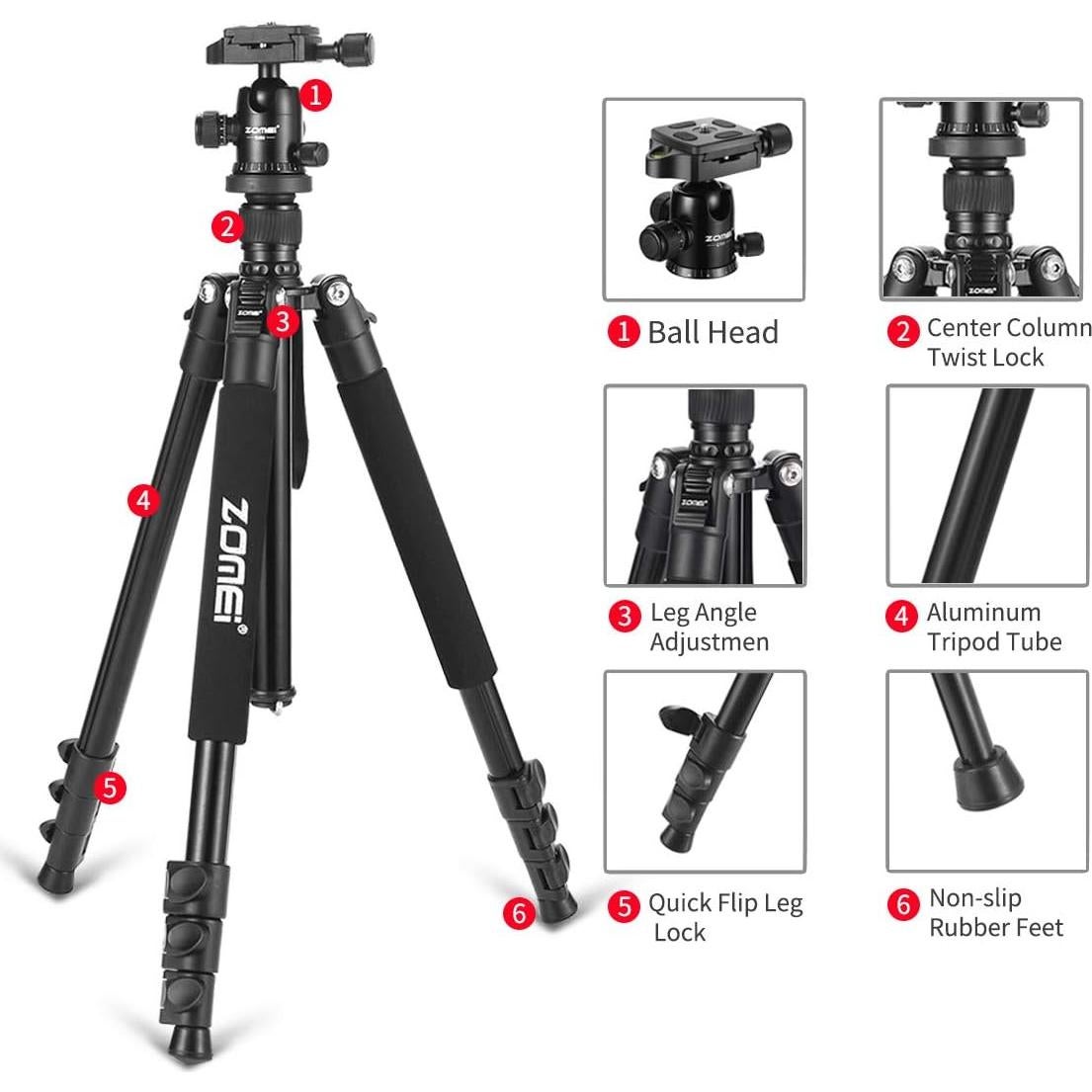 Zomei Q555 62.5'' Camera Tripod,Lightweight and Compact Aluminum Portable Travel Tripod with 360 Degree Ball Head for Vlog Nikon Canon Sony All DSLR and Digital Camera