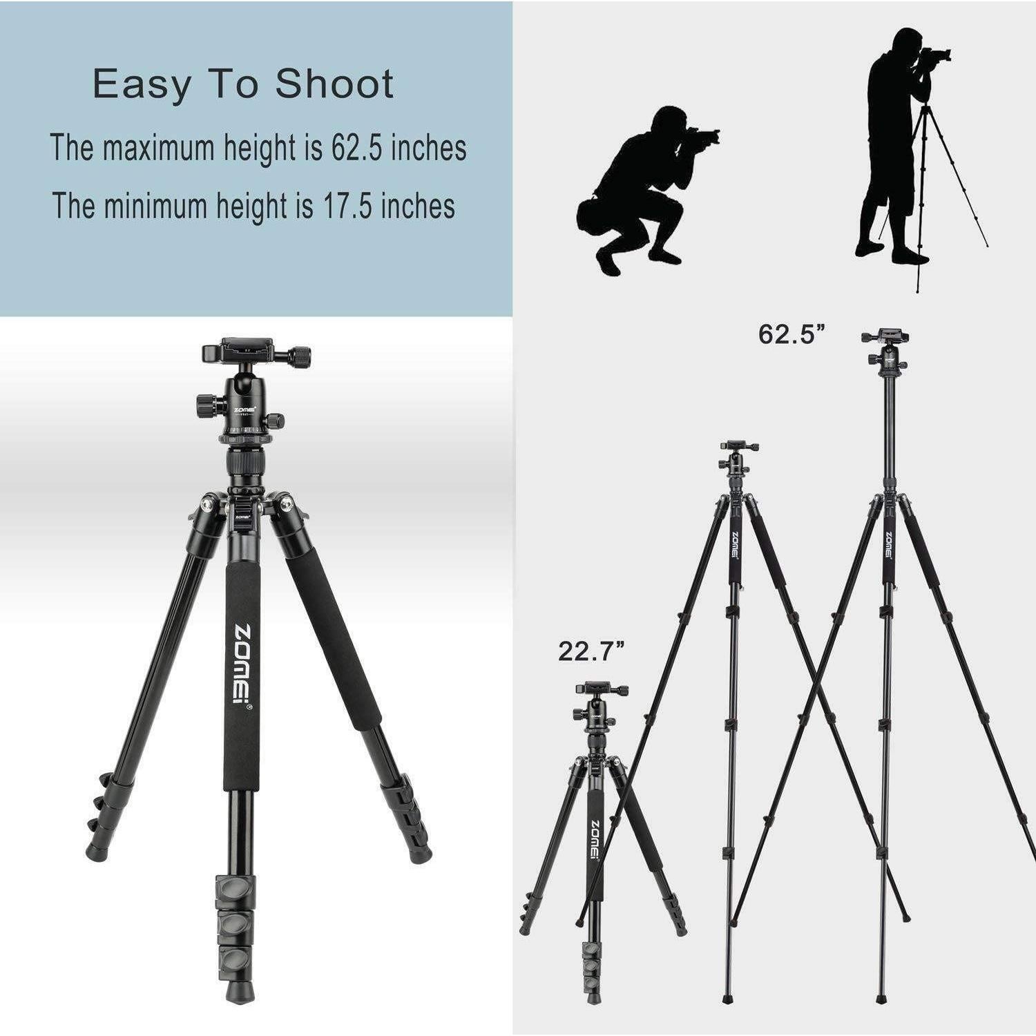 Zomei Q555 62.5'' Camera Tripod,Lightweight and Compact Aluminum Portable Travel Tripod with 360 Degree Ball Head for Vlog Nikon Canon Sony All DSLR and Digital Camera