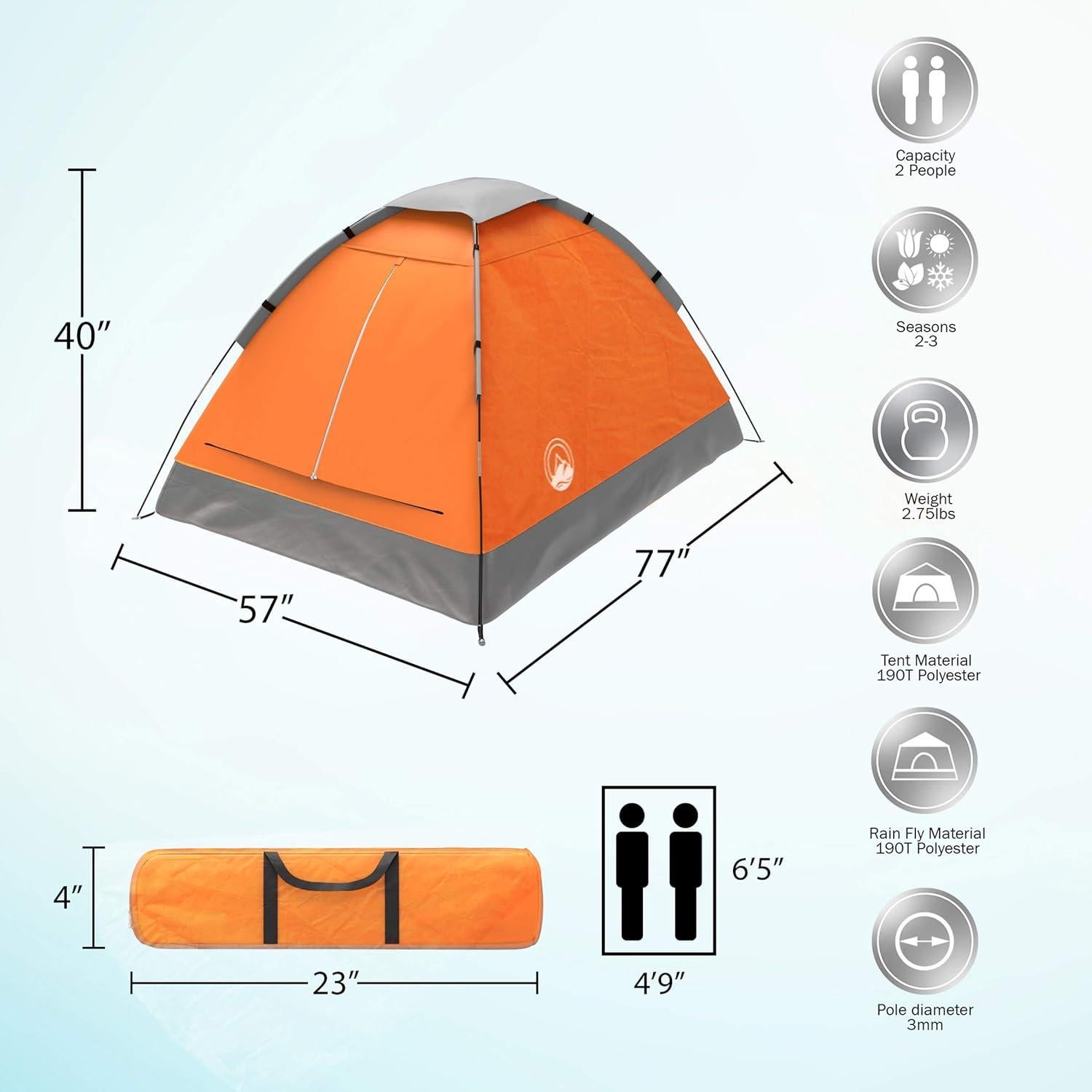 Carpa de Camping Wakeman para 2 Personas Impermeable Naranja