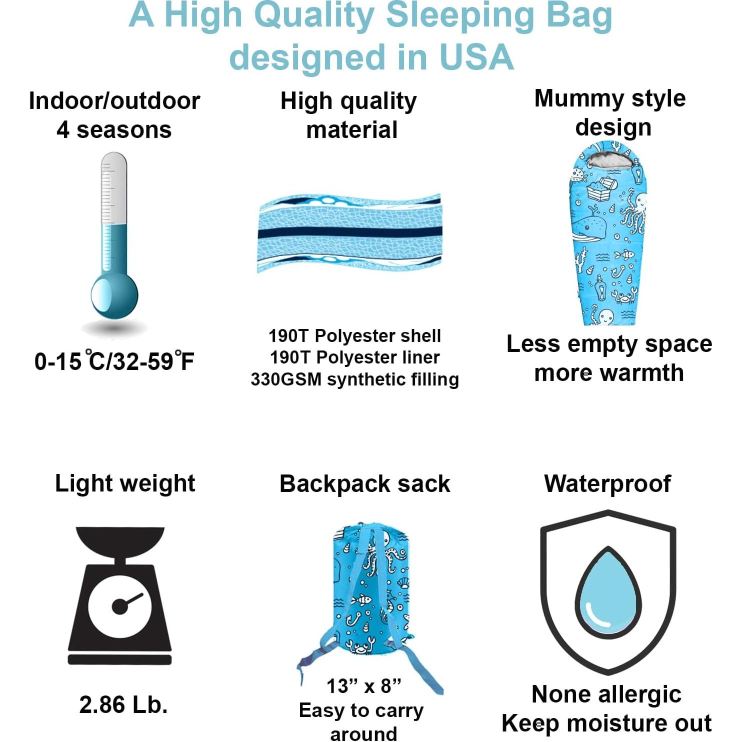 Saco de Dormir ANJ Outdoors Momia 4 Estaciones Niños Aqua