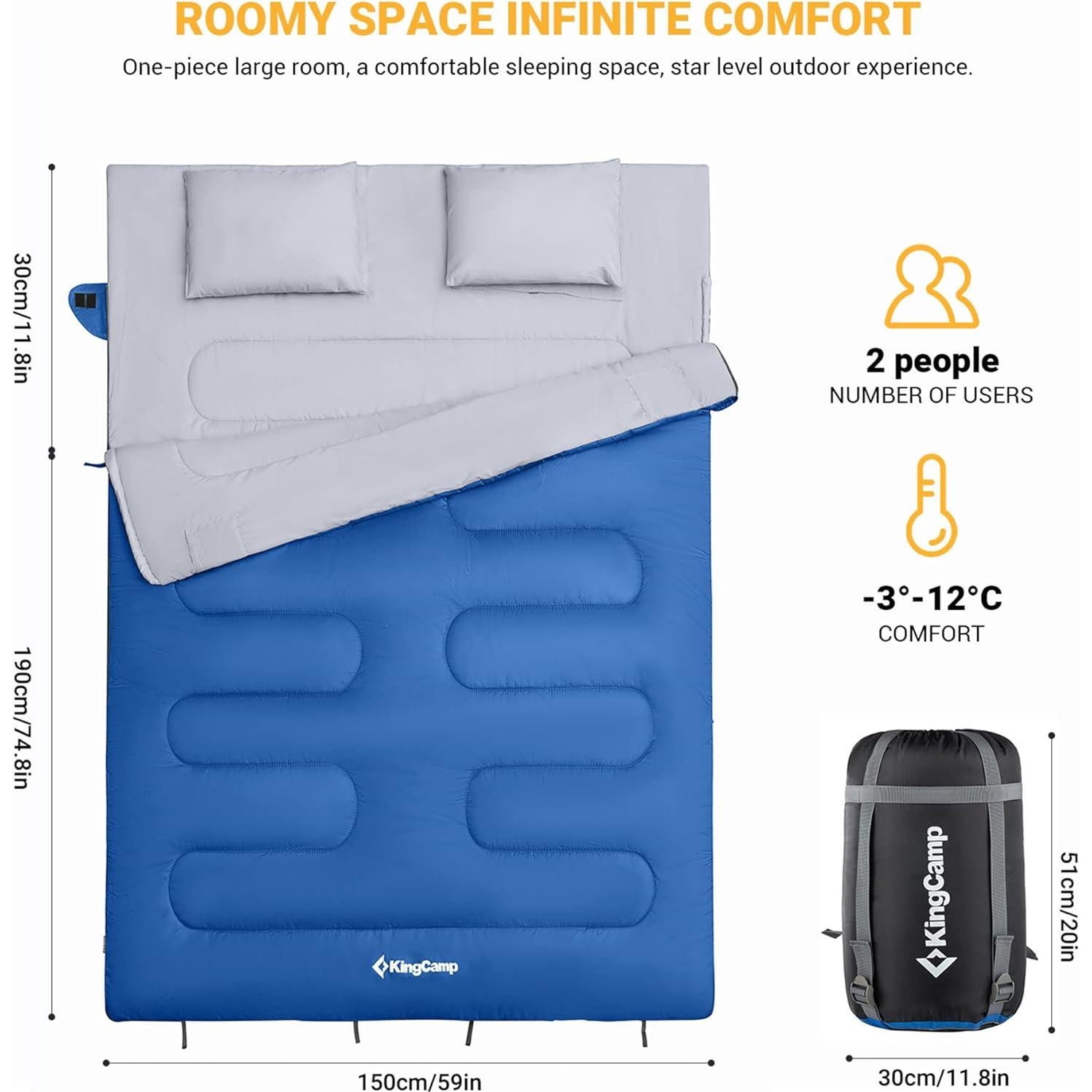 Saco de Dormir Doble KingCamp KS3143 Azul 220x150 cm 20°C