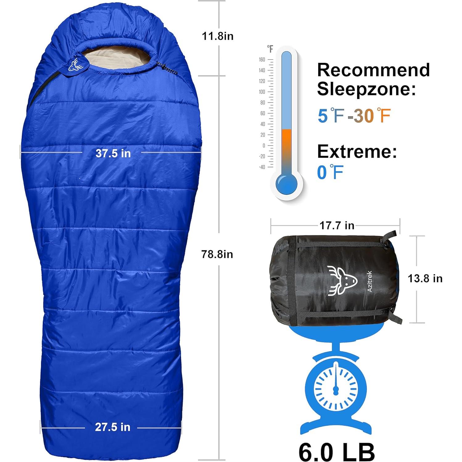 Saco de dormir AZITREK XL Momia 0°C Impermeable 4 Temporadas