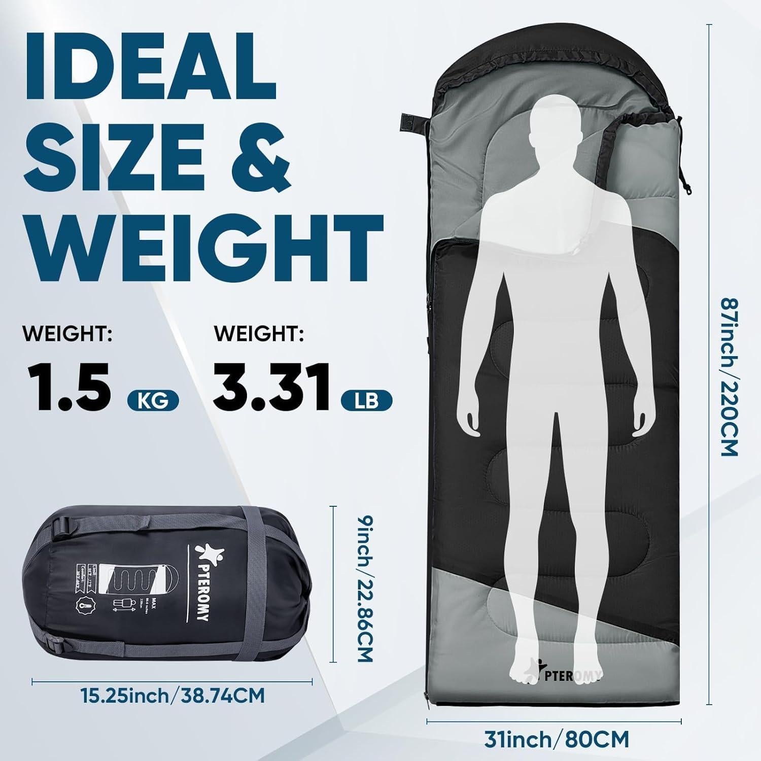 Saco de Dormir PTEROMY 220 cm Resistente al Agua para Adultos