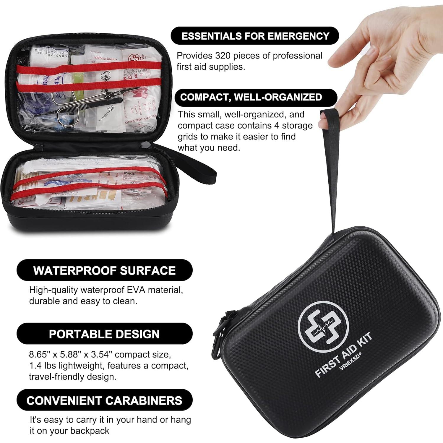 Kit de Primeros Auxilios VRIEXSD 320 Piezas Impermeable Negro