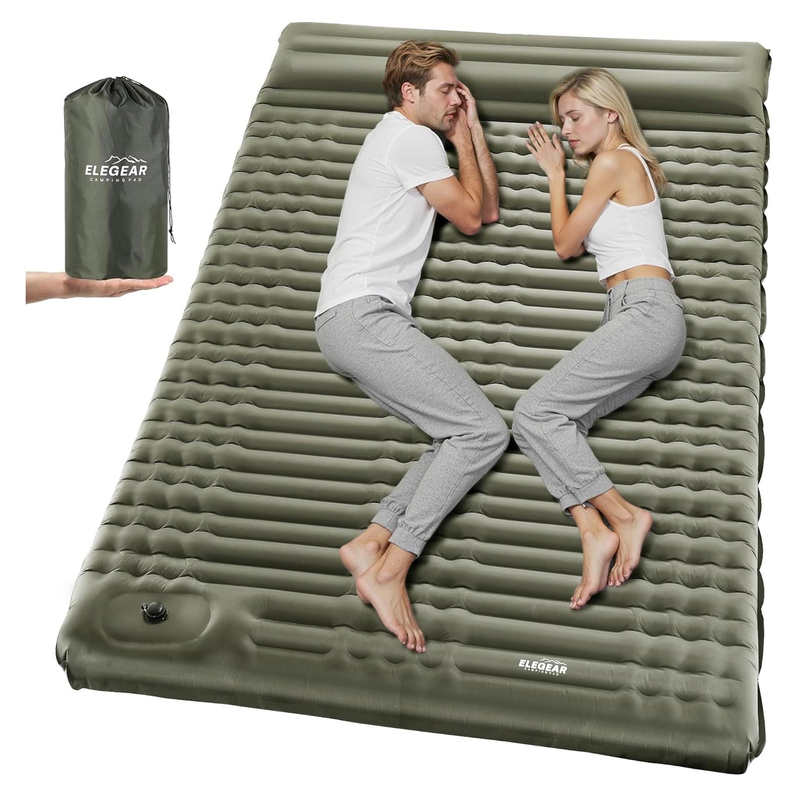 Elegear Double Sleeping Pad for Camping, 4" Ultra-Thick Self Inflating Camping Pad 2 Person with Pillow Built-in Foot Pump, Portable Camping Sleeping Mat for Backpacking, Hiking, Tent(Army Green Full)