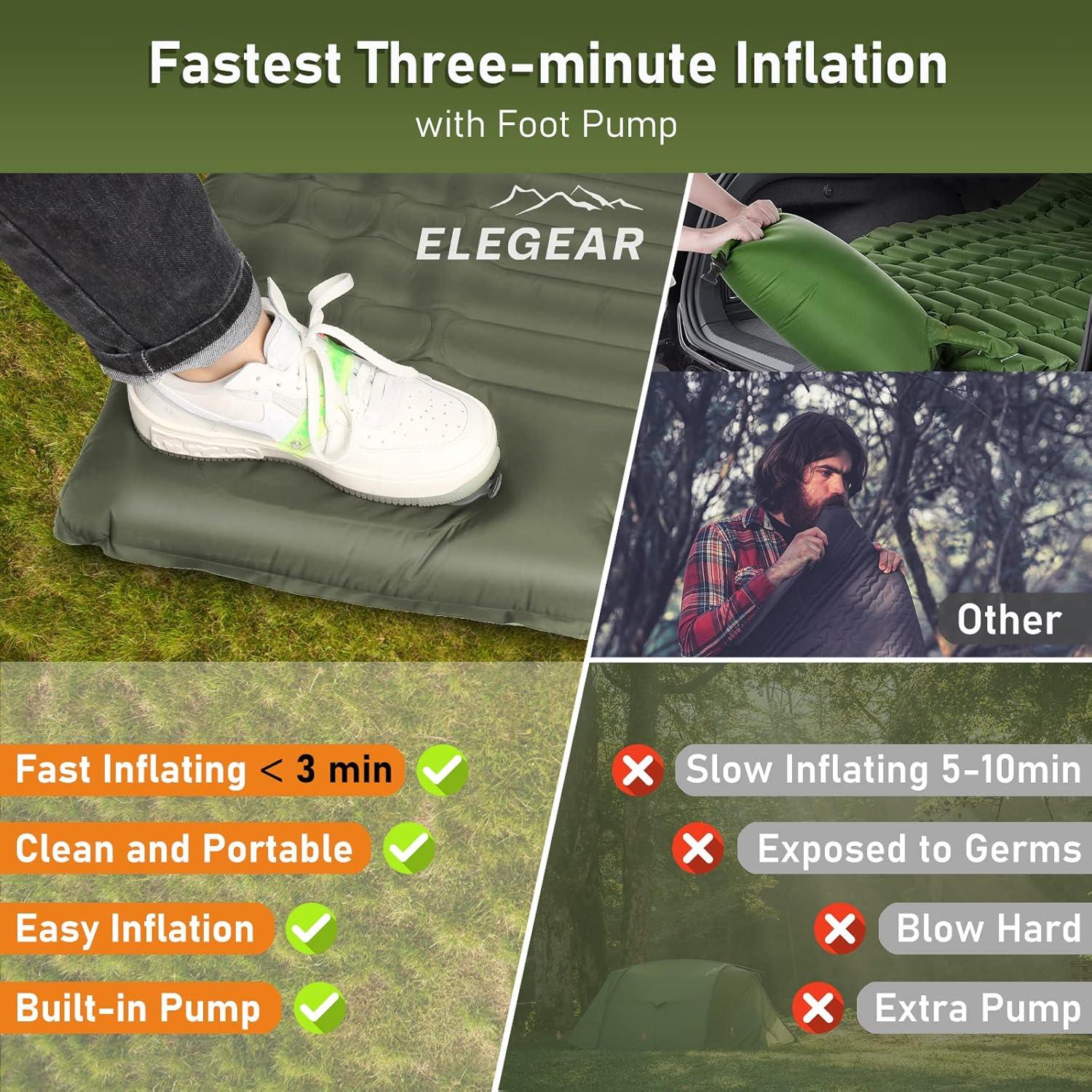 Elegear Double Sleeping Pad for Camping, 4" Ultra-Thick Self Inflating Camping Pad 2 Person with Pillow Built-in Foot Pump, Portable Camping Sleeping Mat for Backpacking, Hiking, Tent(Army Green Full)