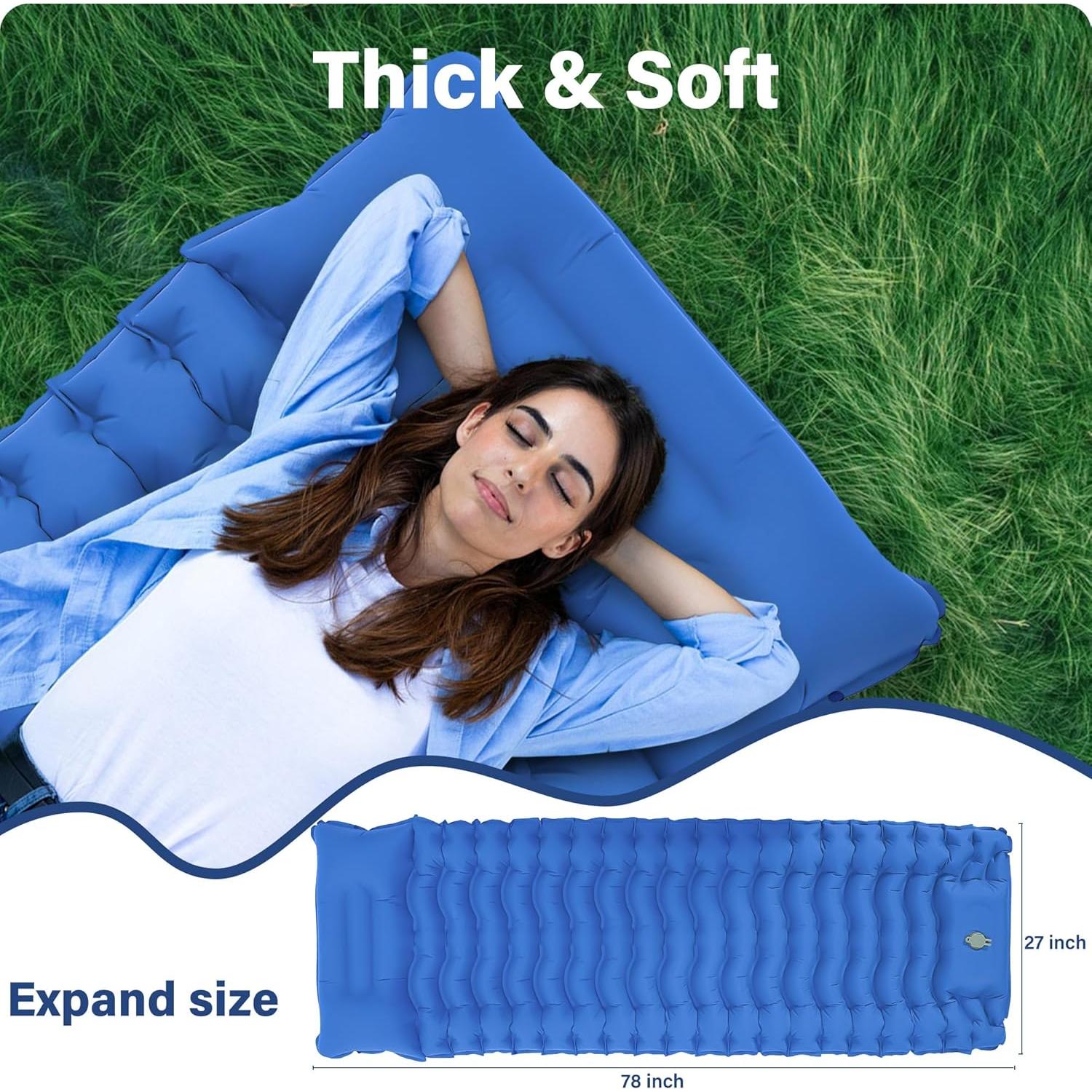 Sleeping Pad for Camping, Backpacking Self Inflating Sleeping Pad Ultra Lightweight, Air Inflatable Foldable Camp Hiking Sleep Mat for Outdoor Tent 4 inch Thick, Navy Blue