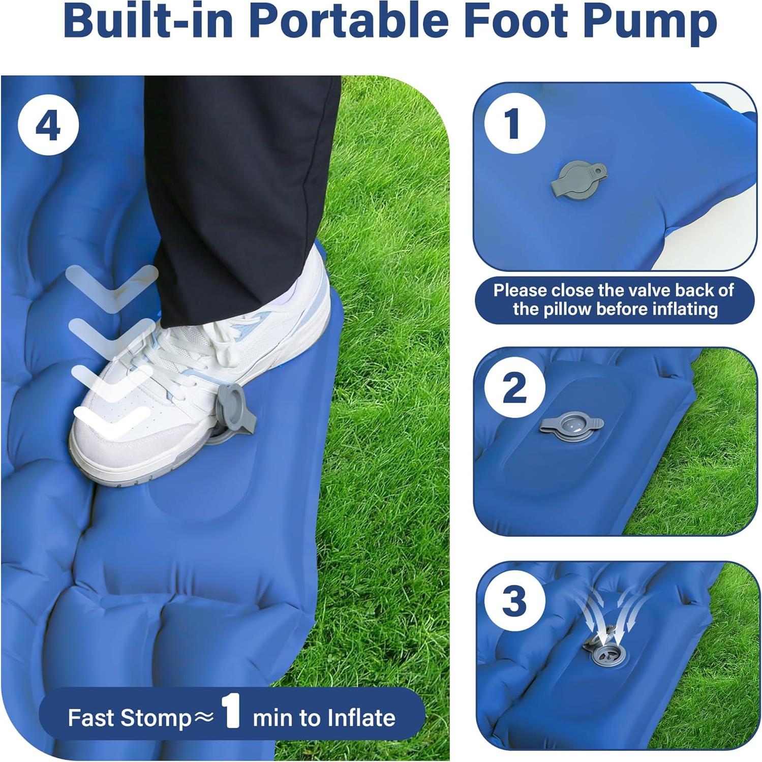 Sleeping Pad for Camping, Backpacking Self Inflating Sleeping Pad Ultra Lightweight, Air Inflatable Foldable Camp Hiking Sleep Mat for Outdoor Tent 4 inch Thick, Navy Blue