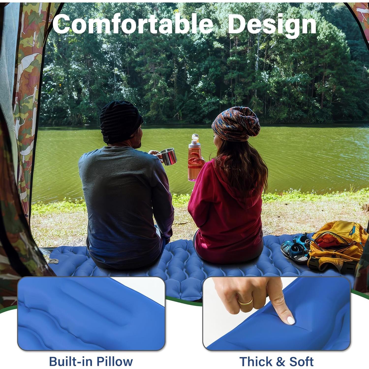 Sleeping Pad for Camping, Backpacking Self Inflating Sleeping Pad Ultra Lightweight, Air Inflatable Foldable Camp Hiking Sleep Mat for Outdoor Tent 4 inch Thick, Navy Blue