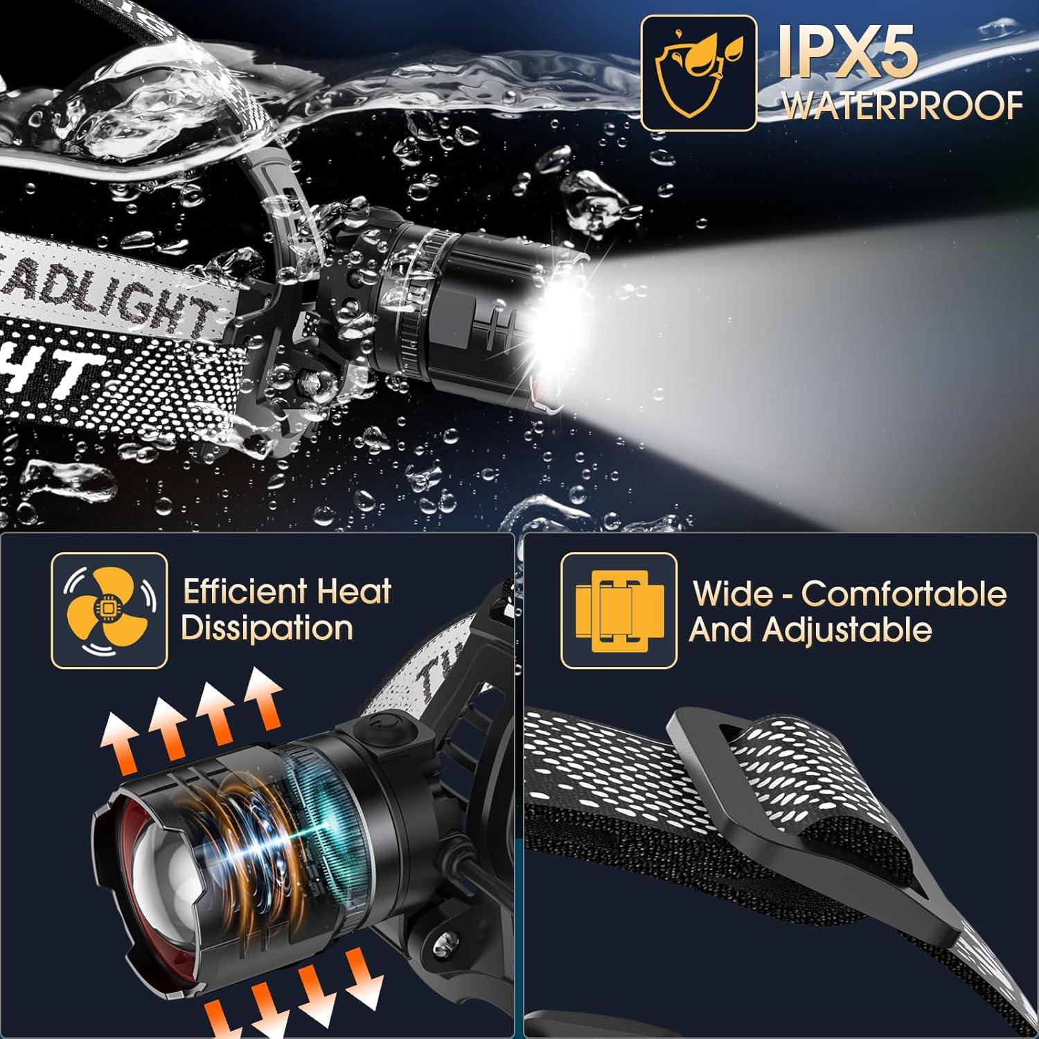 Linterna Frontal LED Atdoall Recargable 6000mAh IPX5 5 Modos