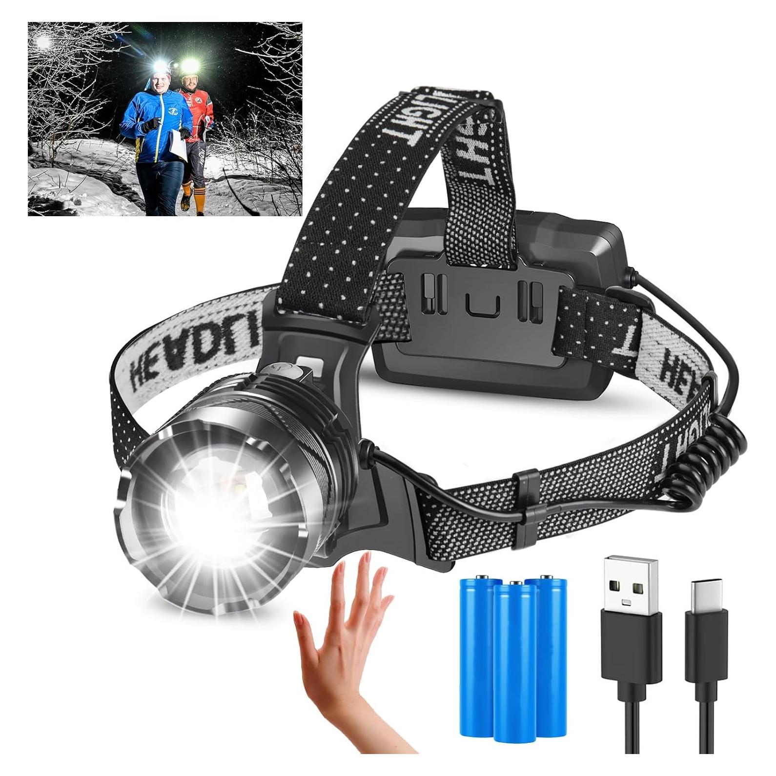 Headlamp Rechargeable, 5000 Lumen Bright Headlamp, 60H Long Battery Life, 3 Modes & Sensor, Zoomable, Battery Powered Headlamps, Power Display, Waterproof Head Lamp for Camping, Hunting