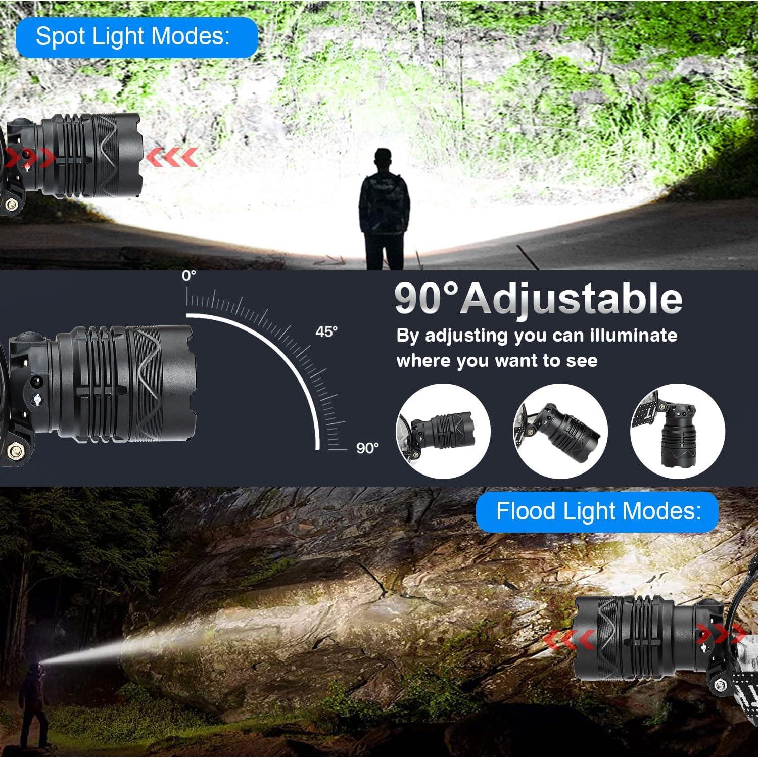 Headlamp Rechargeable, 5000 Lumen Bright Headlamp, 60H Long Battery Life, 3 Modes & Sensor, Zoomable, Battery Powered Headlamps, Power Display, Waterproof Head Lamp for Camping, Hunting
