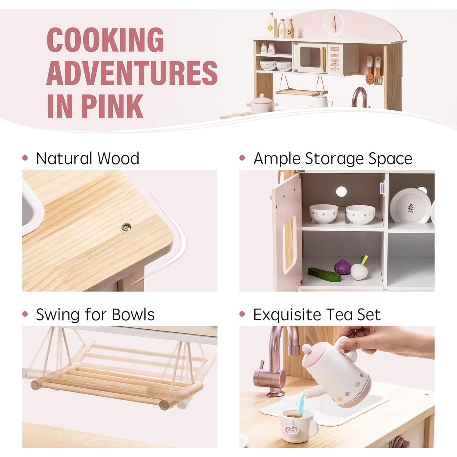 Cocina de Juguete ROBUD Rosa con Accesorios Realistas 75.4x35.1cm