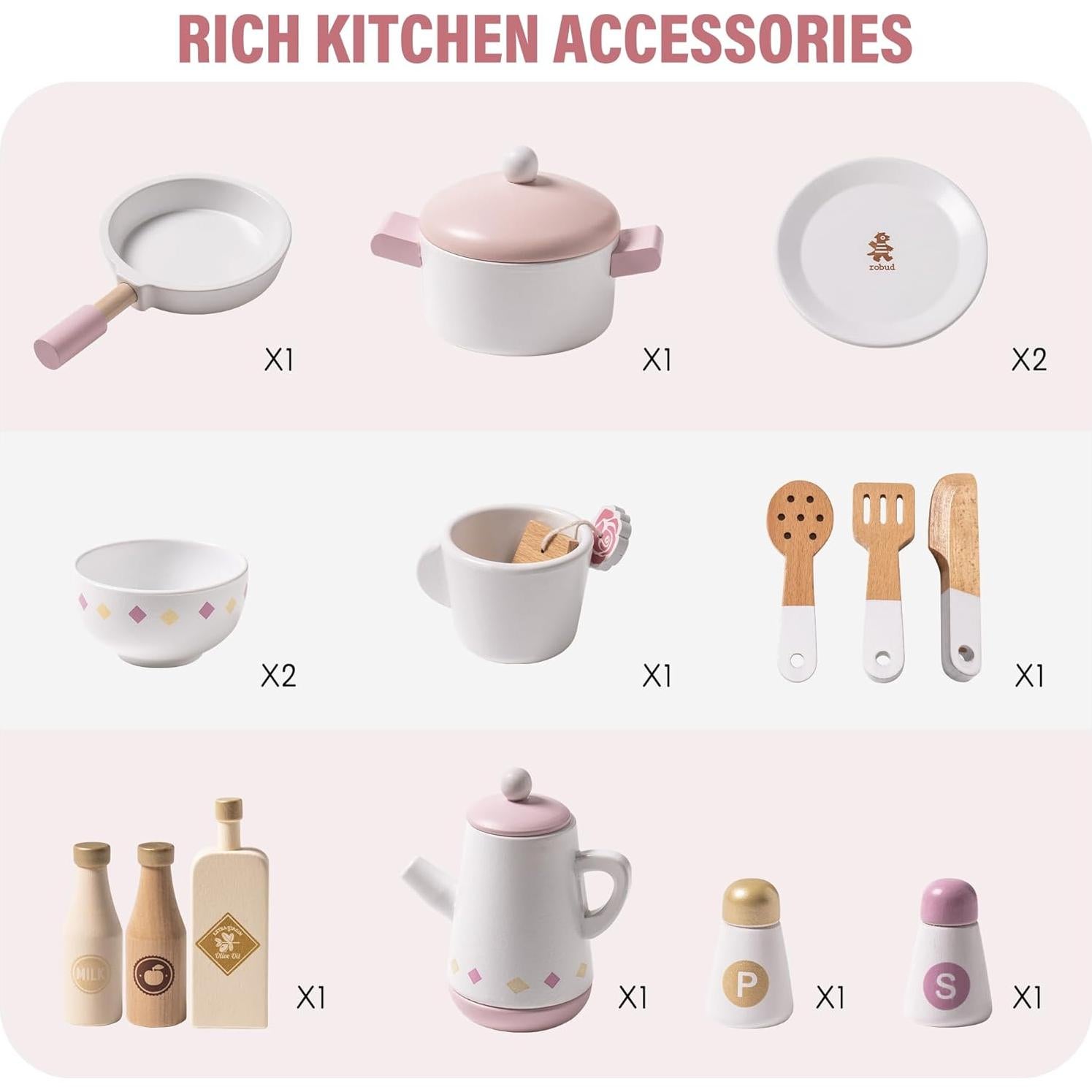 Cocina de Juguete ROBUD Rosa con Accesorios Realistas 75.4x35.1cm