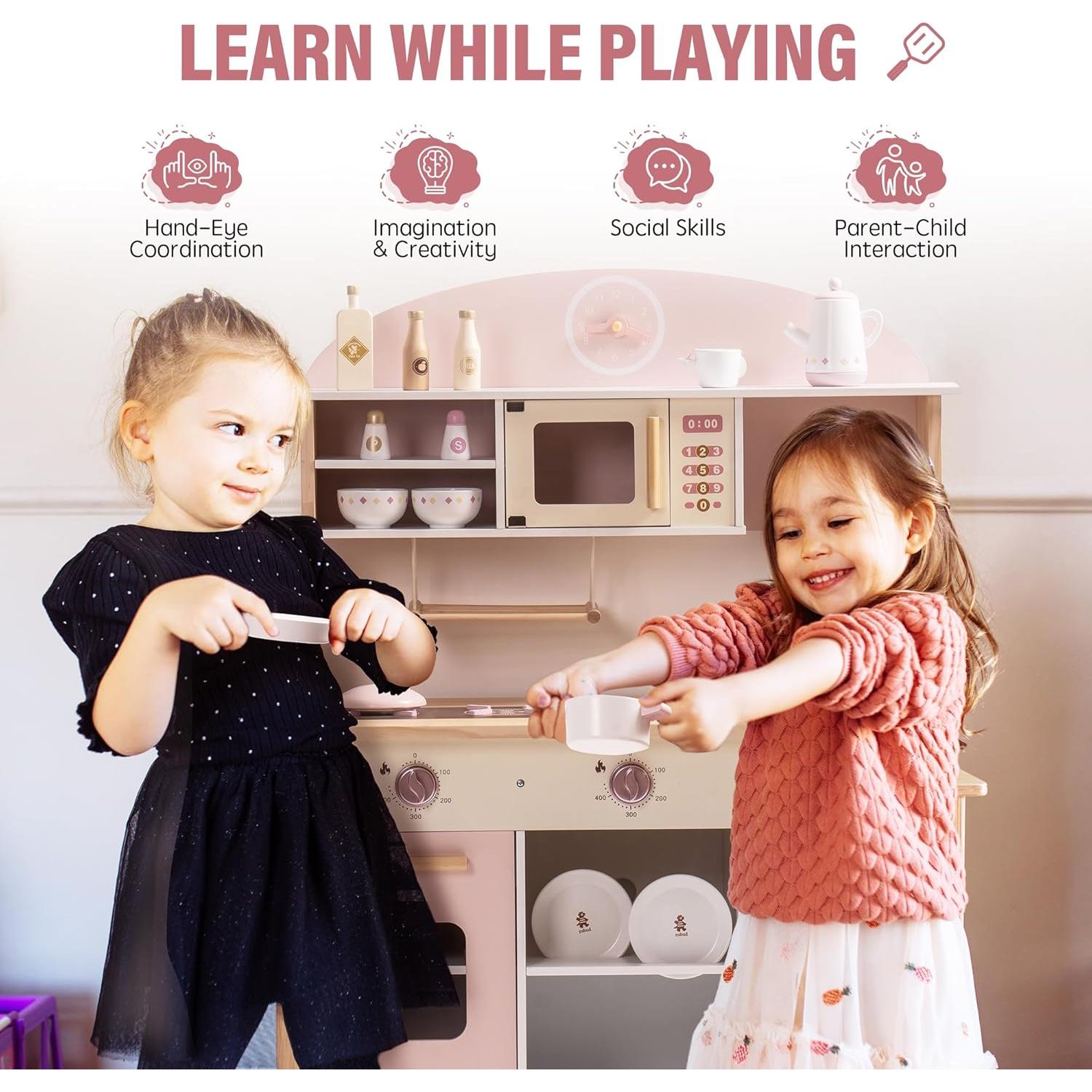 Cocina de Juguete ROBUD Rosa con Accesorios Realistas 75.4x35.1cm