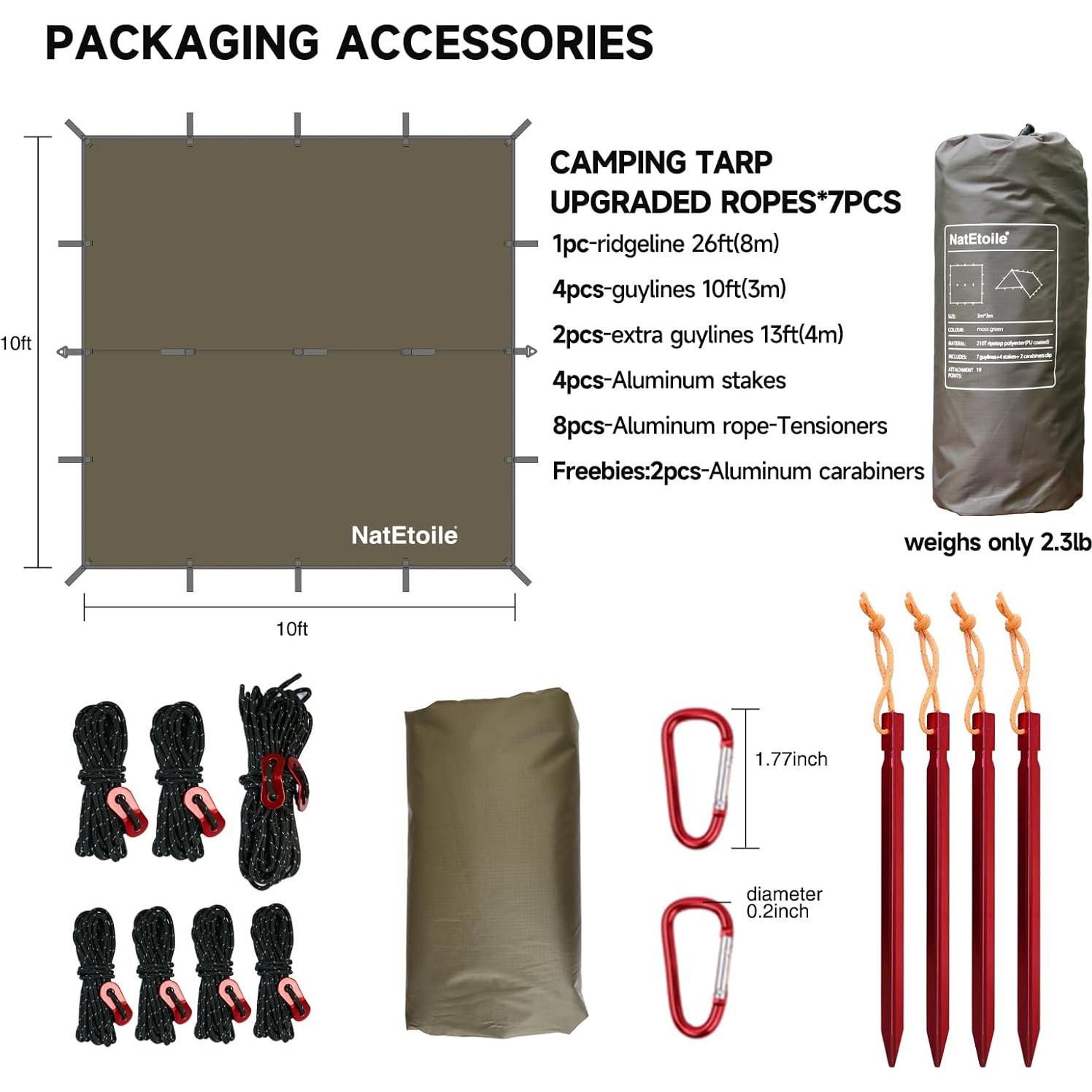 Camping Tarp by NatEtoile - Versatile 10X10 ft Portable Rain Fly for Hammock with 19 Tie-Outs,PU 5000mm Waterproof Sunproof Tarp Shelter - Ideal for Camping, Hiking, Backpacking, and Hammock Cover