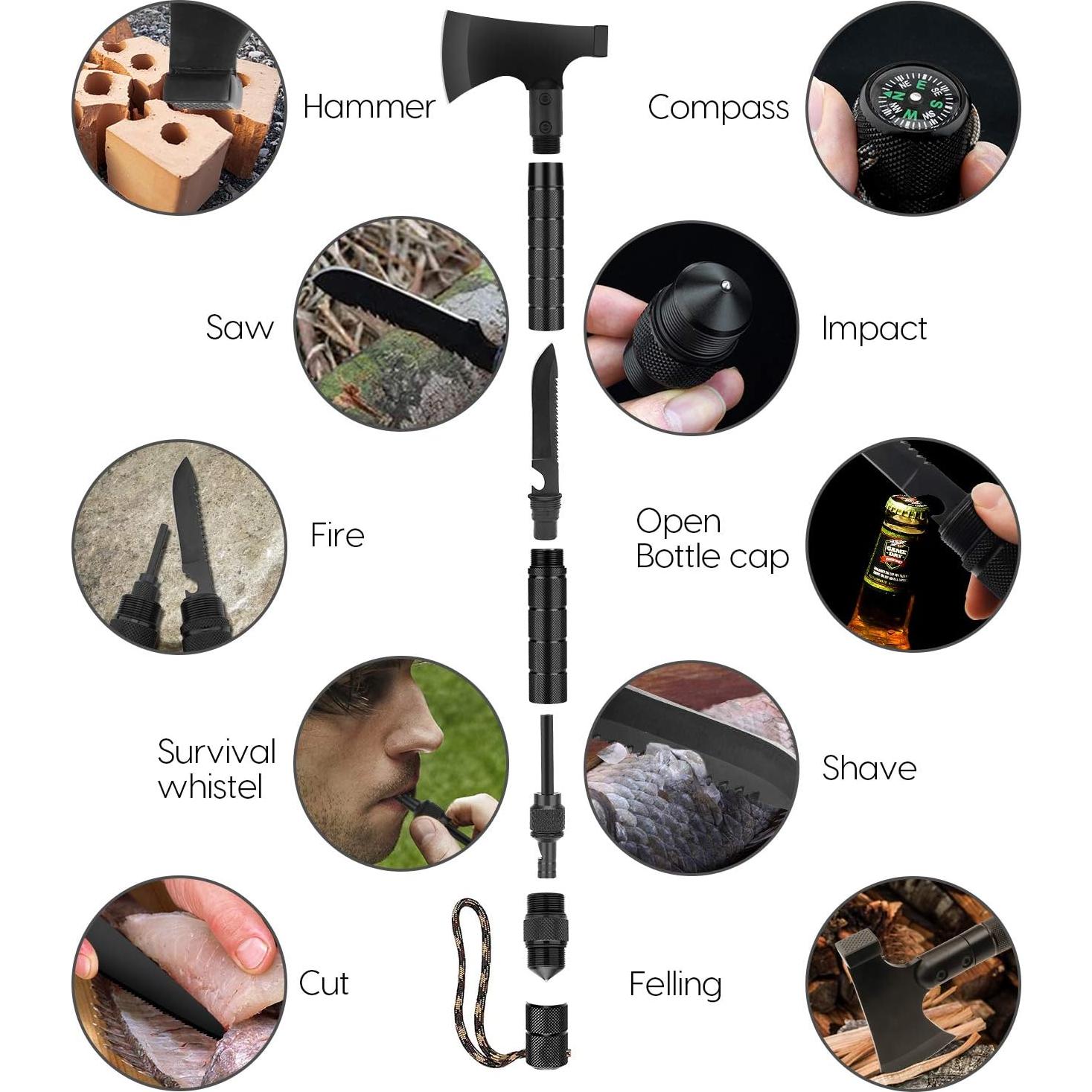 Camping Axe, Folding Portable Survival Hatchet/Shovel Multi-Tool, Tactical Tomahawk with Hammer for Outdoor Hunting Hiking Camping