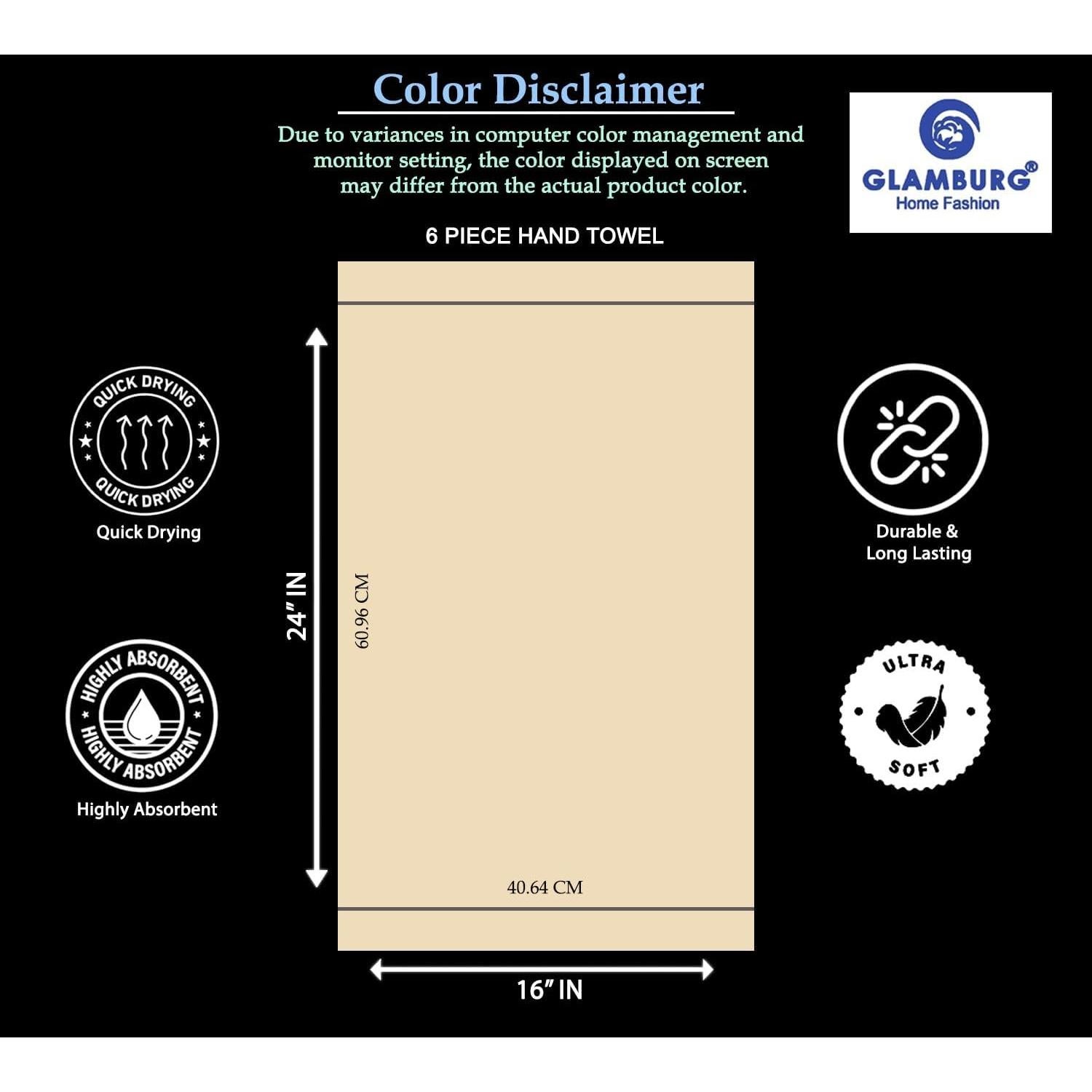 GLAMBURG Ultra Soft Cotton 6 -Piece Hand Towel Set 16x24 Inch, Ideal for use in Bathroom, Kitchen, Gym, Spa & General Cleaning, Compact & Lightweight Multi Purpose Hand Towels - Black