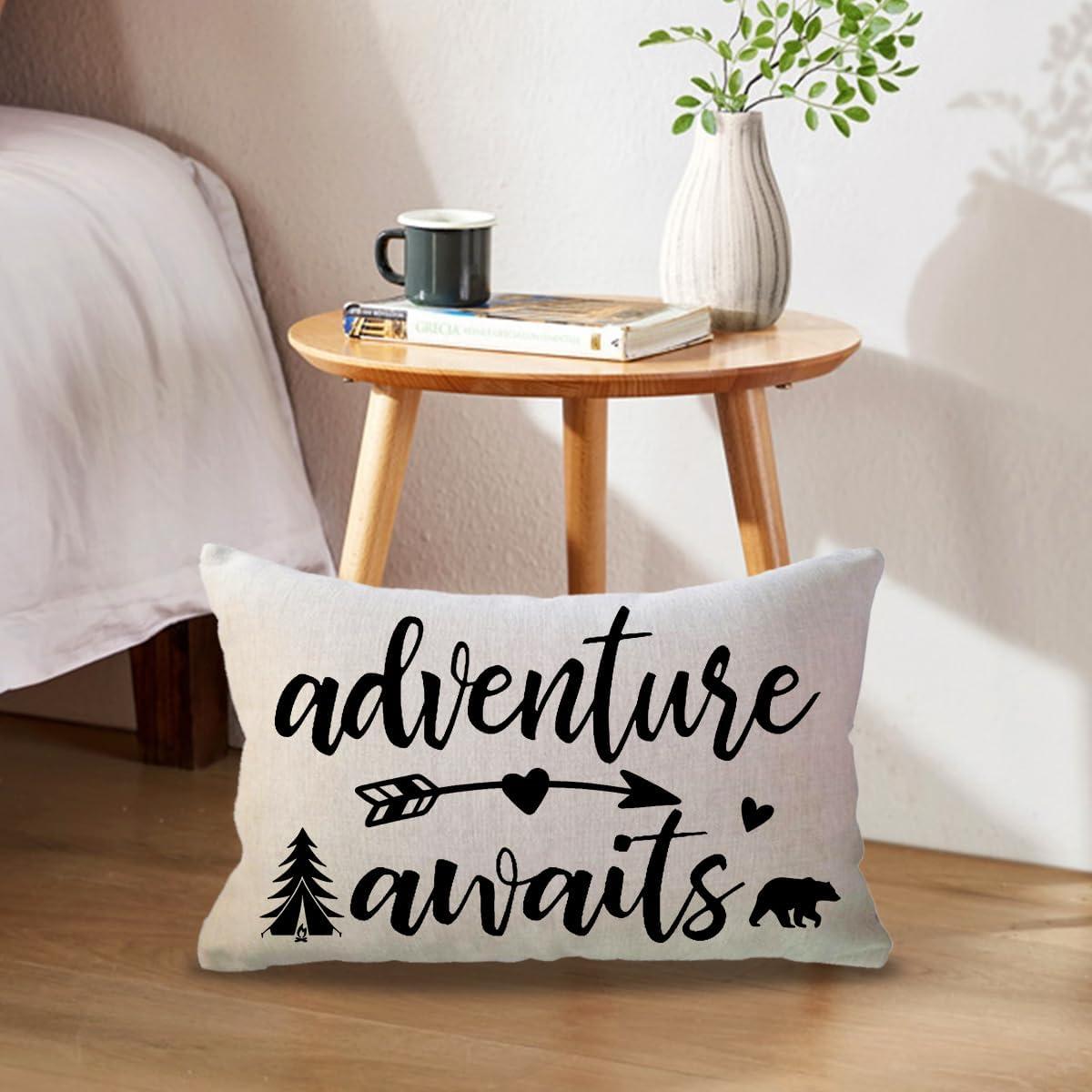Adventure Camper Decorative Lumbar Pillowcase Double-sided Let’s Go Camping/Adventure Awaits Throw Pillow Covers Cabin/Camper Cushion Covers 12x20,2Pack for Sofa/Couch/Porch (Beige)