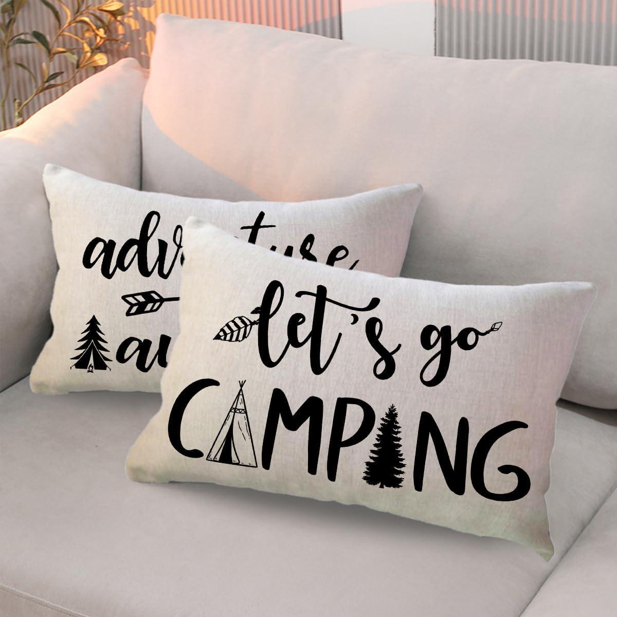 Adventure Camper Decorative Lumbar Pillowcase Double-sided Let’s Go Camping/Adventure Awaits Throw Pillow Covers Cabin/Camper Cushion Covers 12x20,2Pack for Sofa/Couch/Porch (Beige)