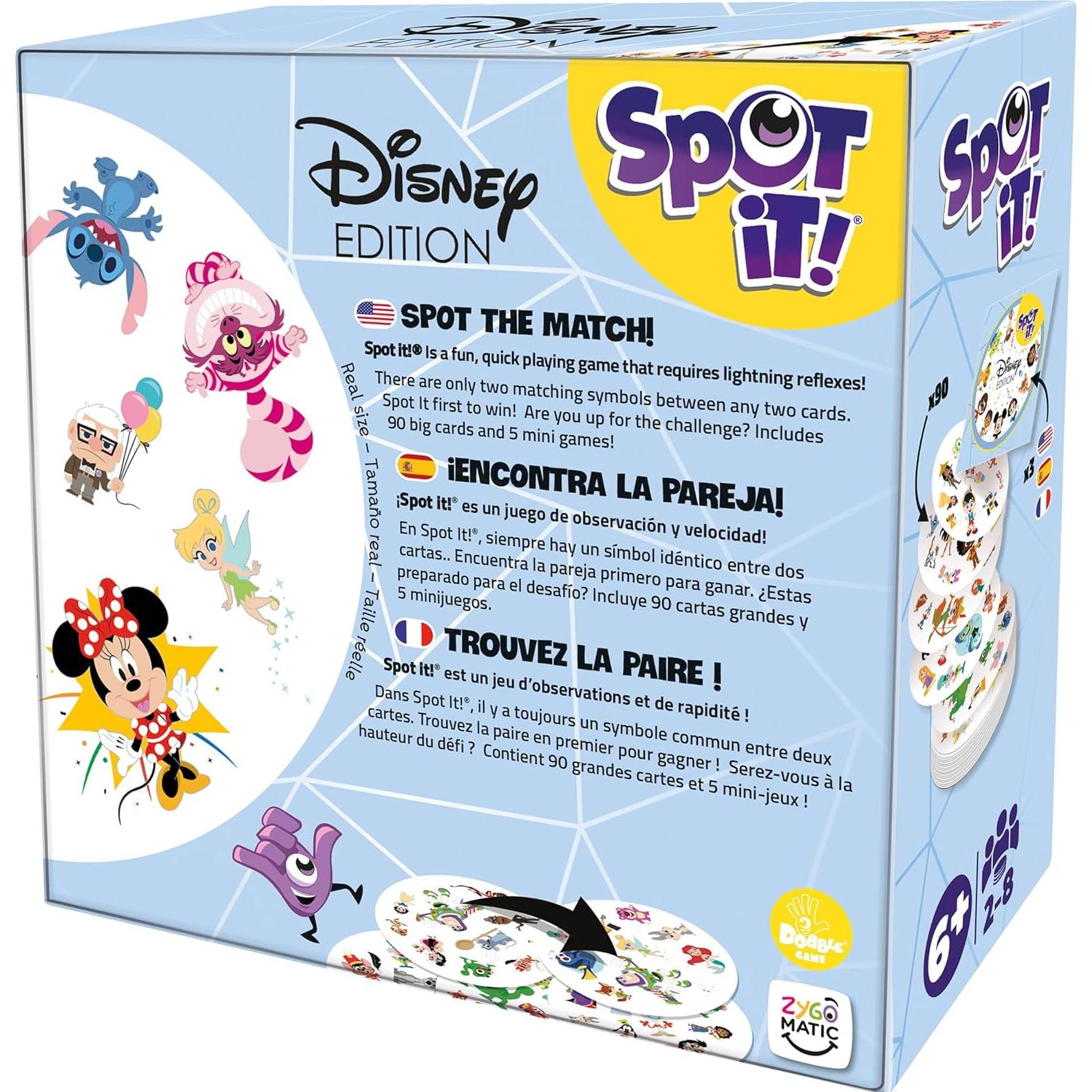 Spot It! Juego de Cartas Disney Eco-Blister 5-en-1 para 2-8 Jugadores