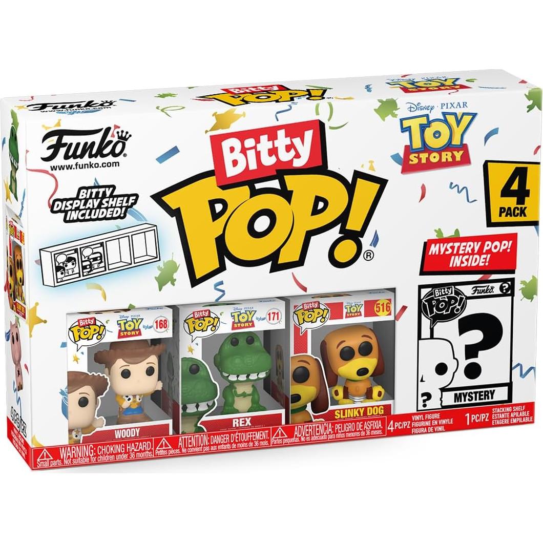Funko Bitty Pop Toy Story - Woody, Rex, Slinky Dog and A Surprise Mystery Mini Figure - 0.9 Inch (2.2 Cm) Collectable - Stackable Display Shelf Included - Gift Idea - Cake Topper