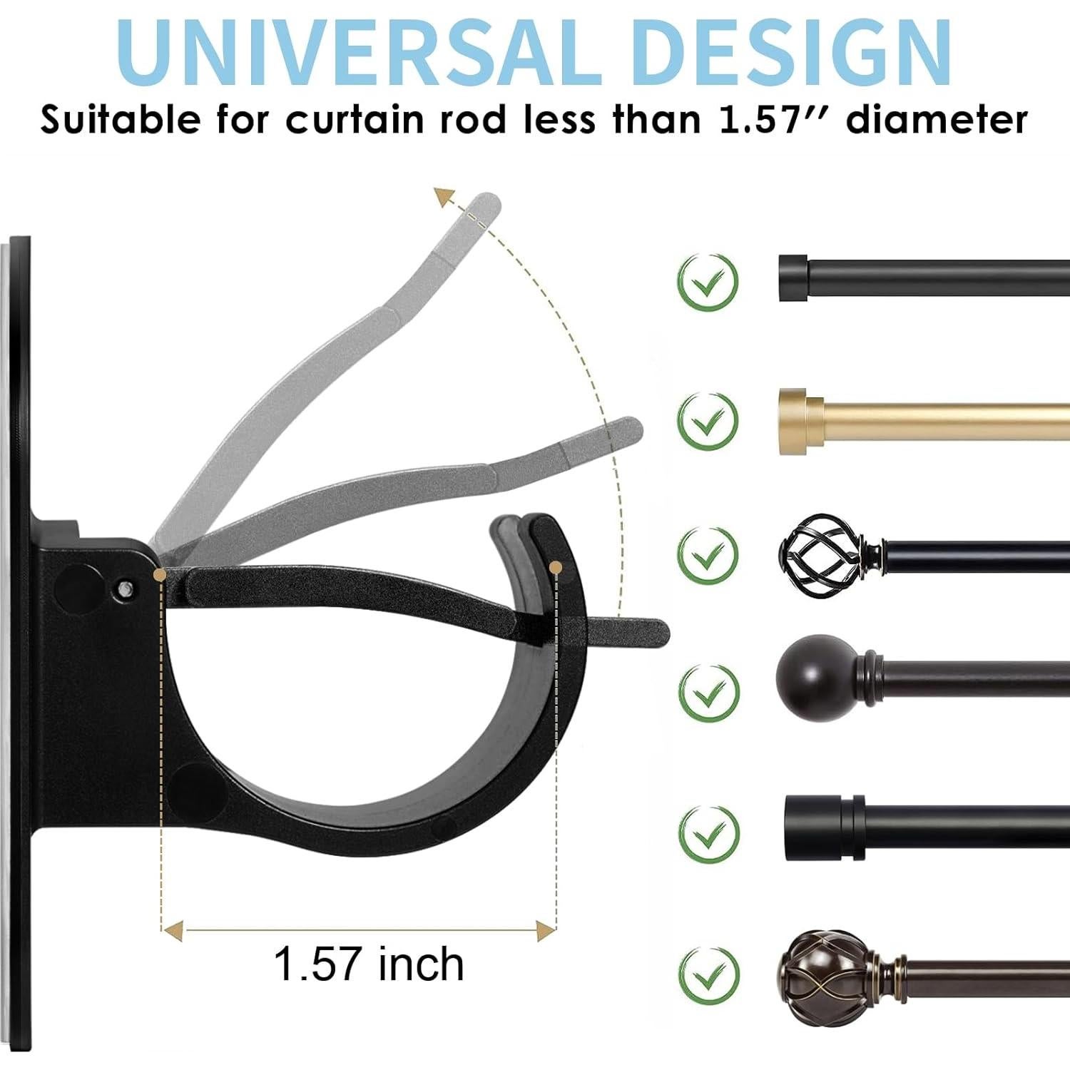 No Drill Curtain Rod Holder Hangers - Self Adhesive Hook - Upgrade Large Plastic Brackets - Renter Friendly Hanger (2PCS Black)