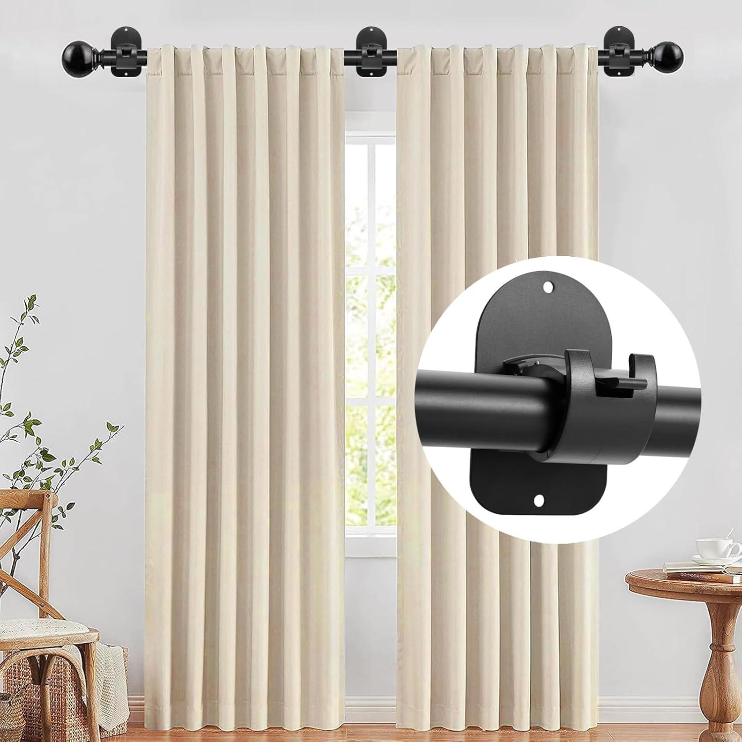No Drill Curtain Rod Holder Hangers - Self Adhesive Hook - Upgrade Large Plastic Brackets - Renter Friendly Hanger (2PCS Black)