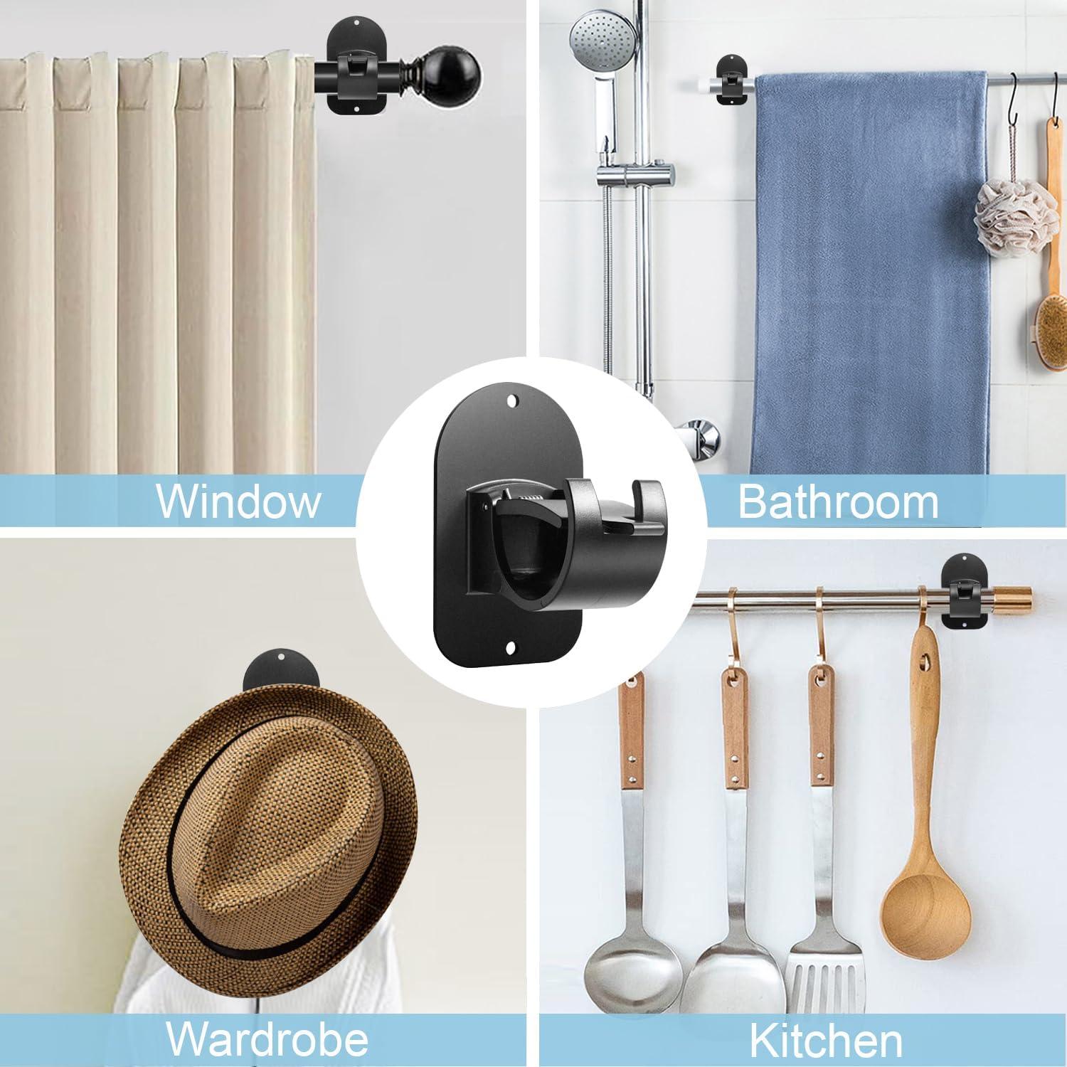 No Drill Curtain Rod Holder Hangers - Self Adhesive Hook - Upgrade Large Plastic Brackets - Renter Friendly Hanger (2PCS Black)
