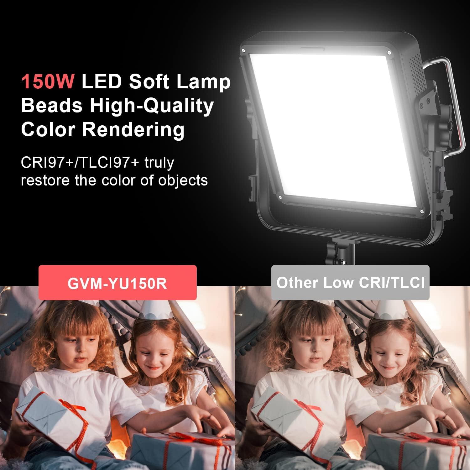 GVM 150W LED Video Light Panel 17200lux/0.5m, Photography Lighting with 2000-10000K, CRI/TLCI 97+, RGB, Gel, 24 Effects, Video Lighting for Filming Camera & Photo Recording with App, DMX, Battery