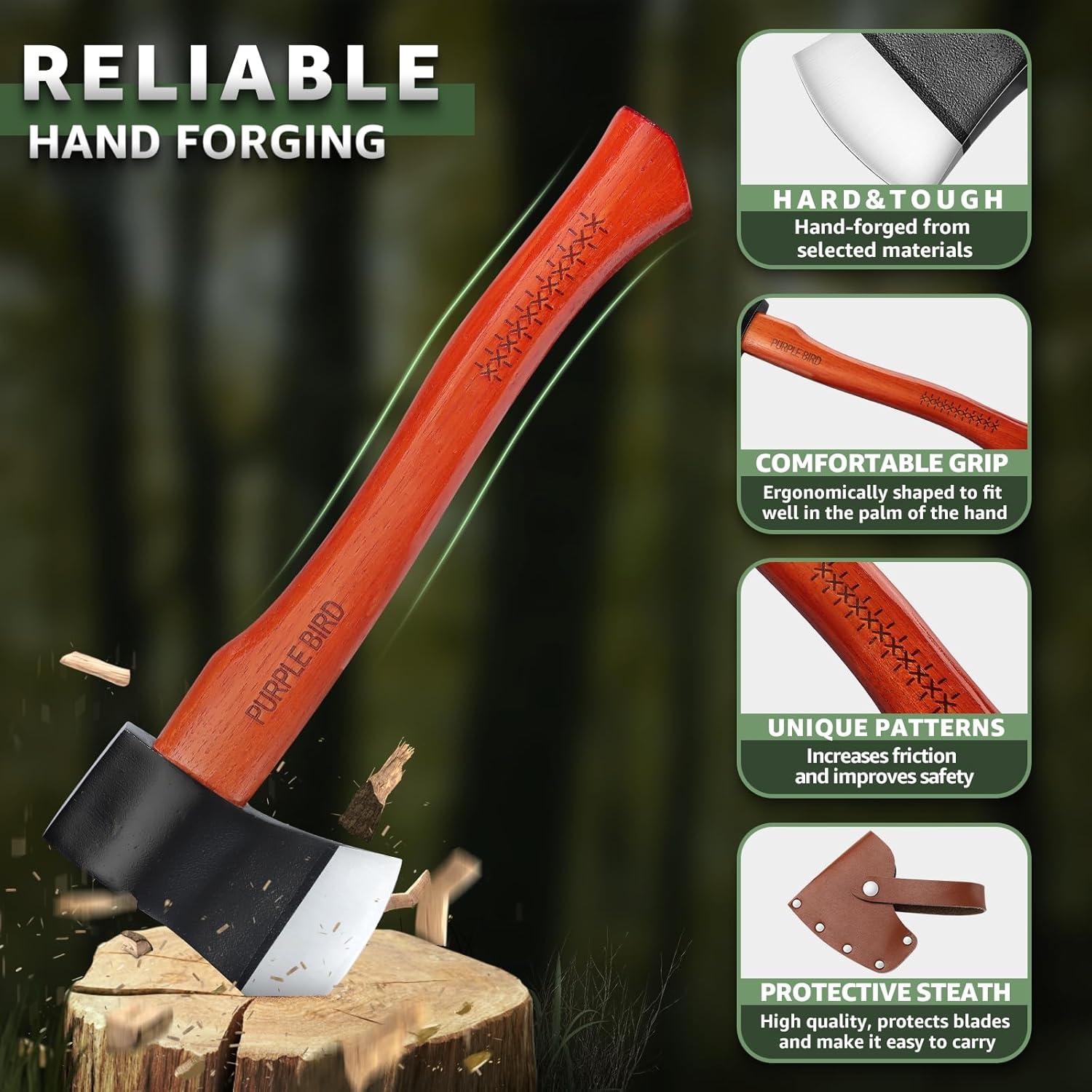 PURPLEBIRD 15'', Wood Splitting Axe, Camping & Bushcraft Hatchet, Hand Axe for Tree Cutting & Gardening