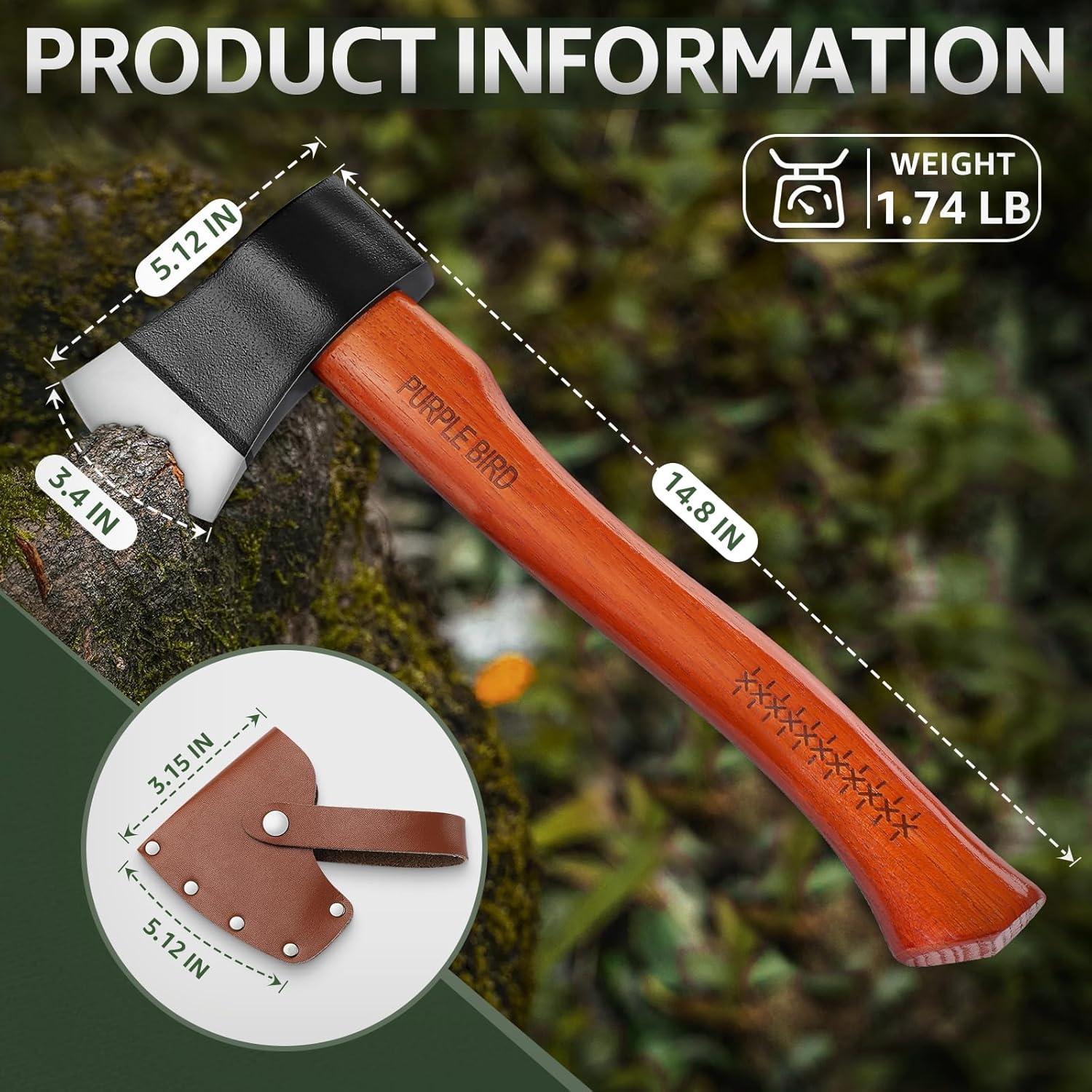 PURPLEBIRD 15'', Wood Splitting Axe, Camping & Bushcraft Hatchet, Hand Axe for Tree Cutting & Gardening