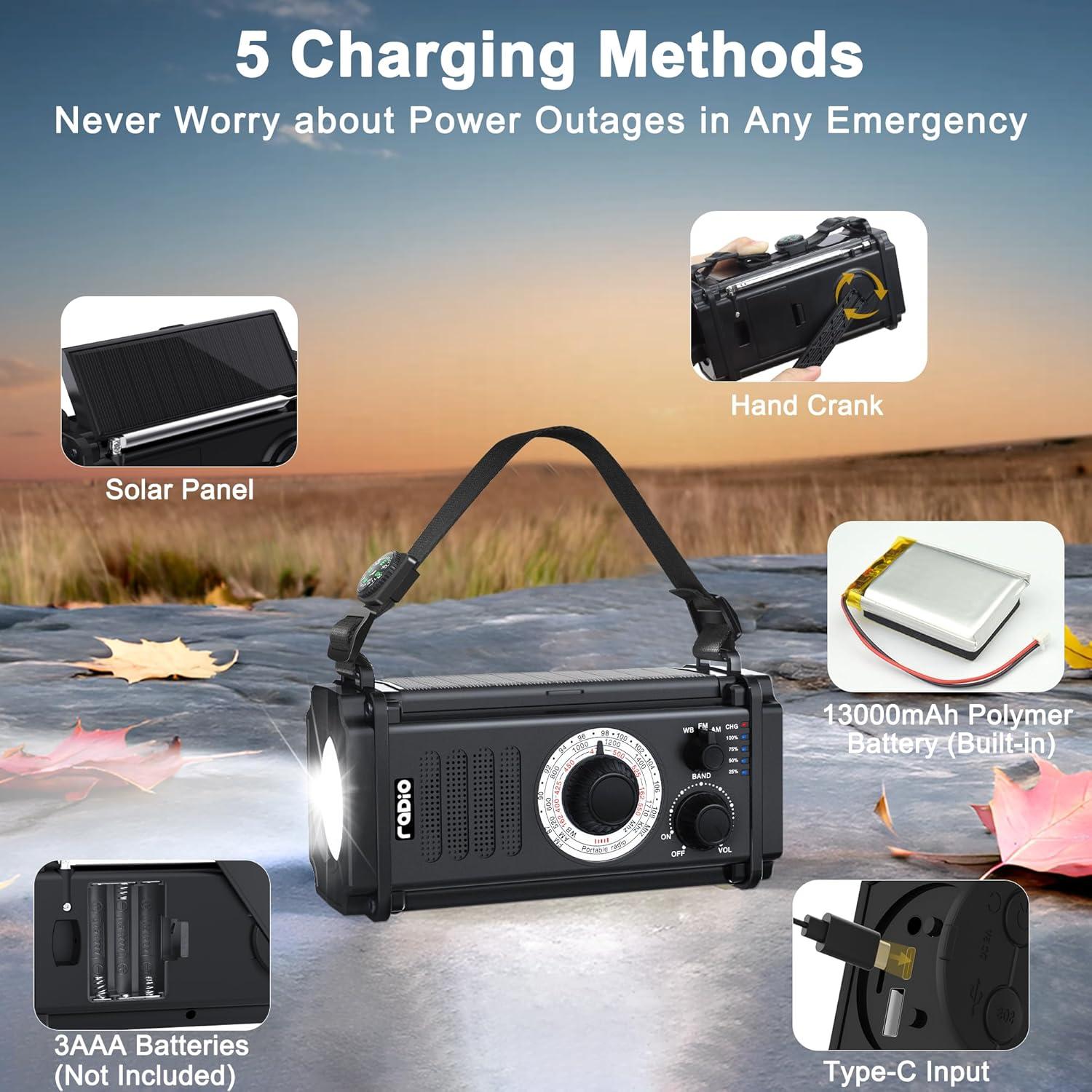 Radio de Emergencia Axyebi NOAA AM FM Manivela Solar 800LM