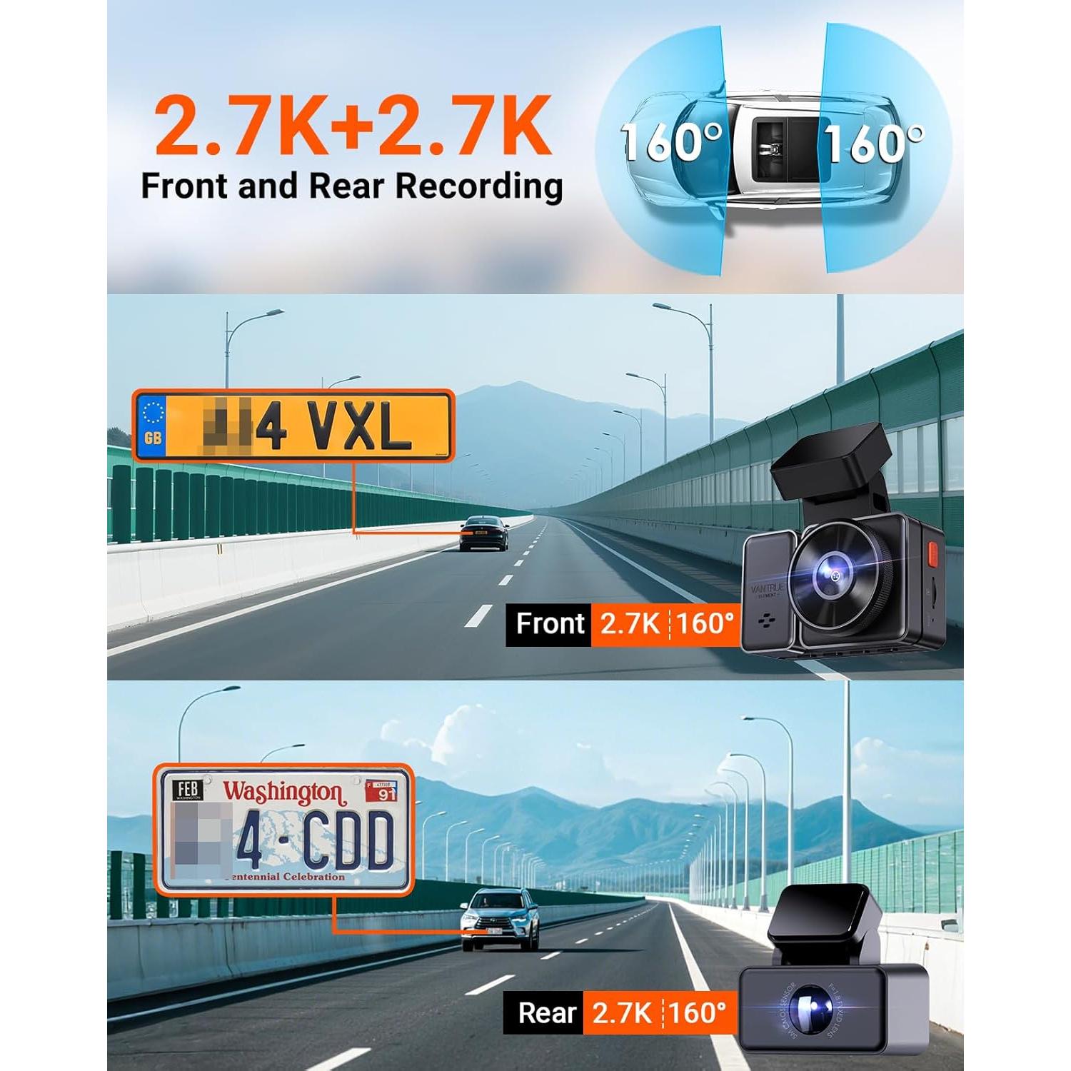 Cámara Dash Vantrue E2 DUAL 2.7K Delantera y Trasera GPS